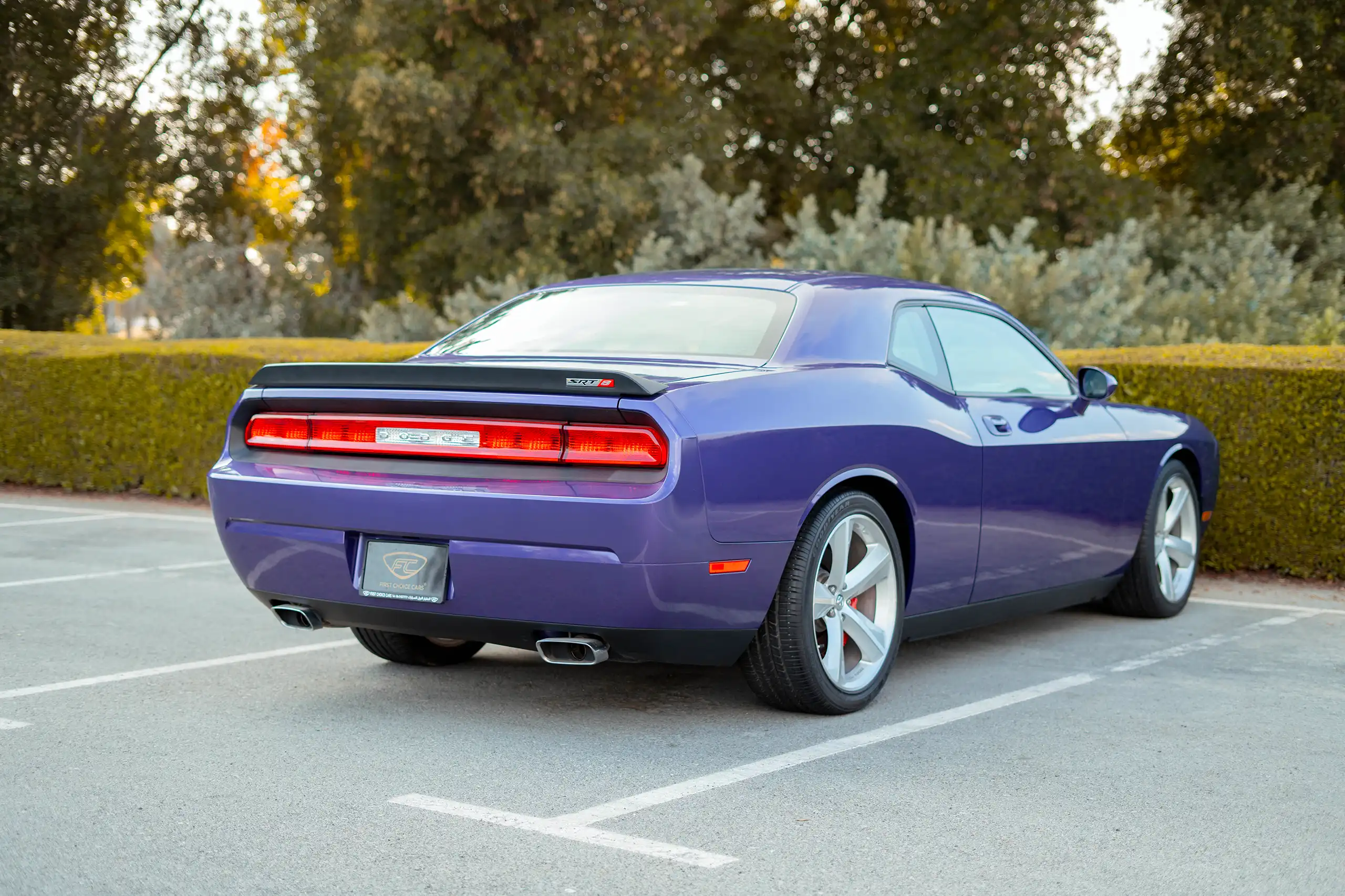 Used 2010 Dodge Challenger SRT8 in Purple – Right Back Diagonal (45°) View for Sale at First Choice Cars Dubai Sharjah