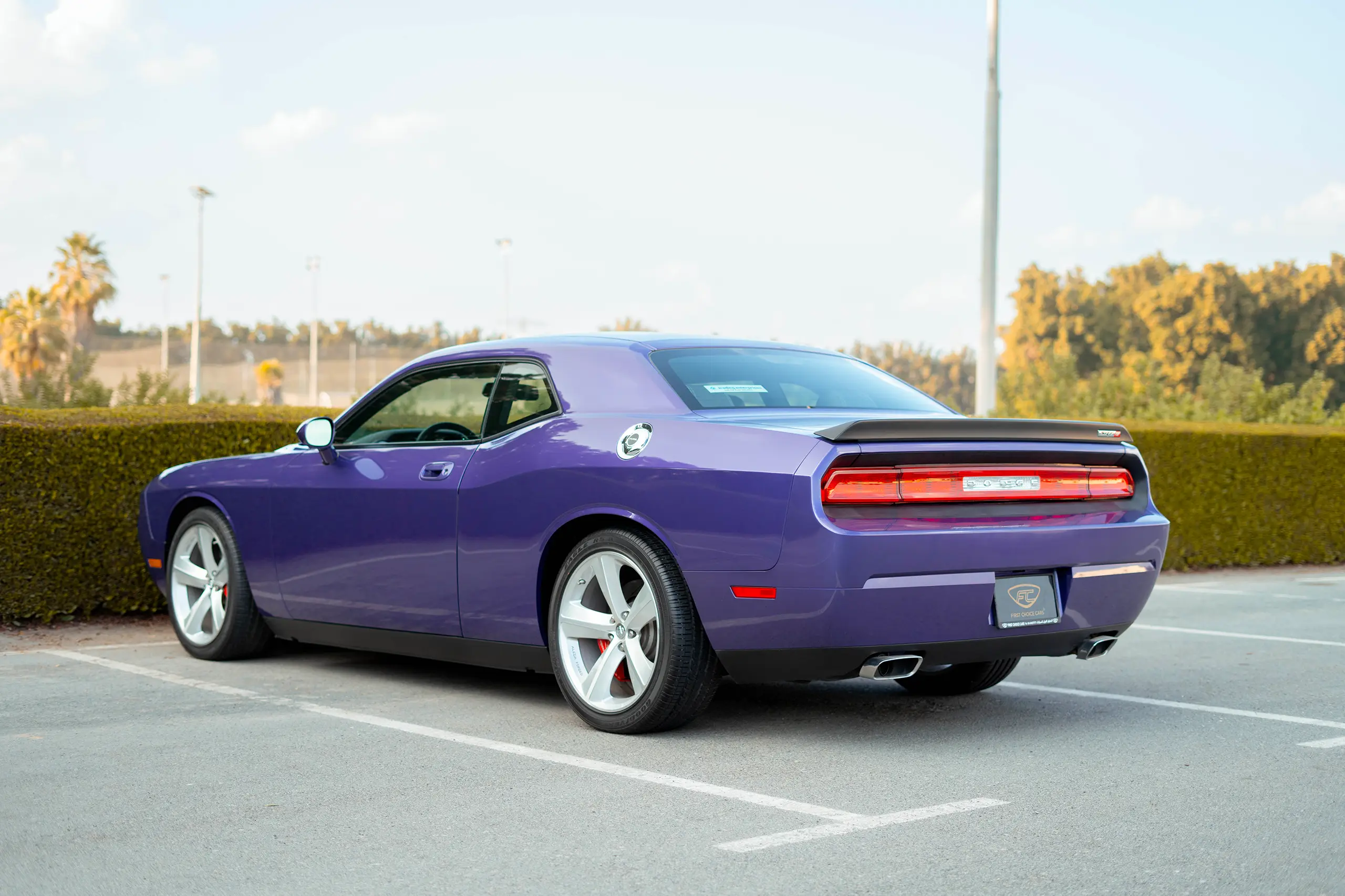 Used 2010 Dodge Challenger SRT8 in Purple – Left Back Diagonal (45°) View for Sale at First Choice Cars Dubai Sharjah
