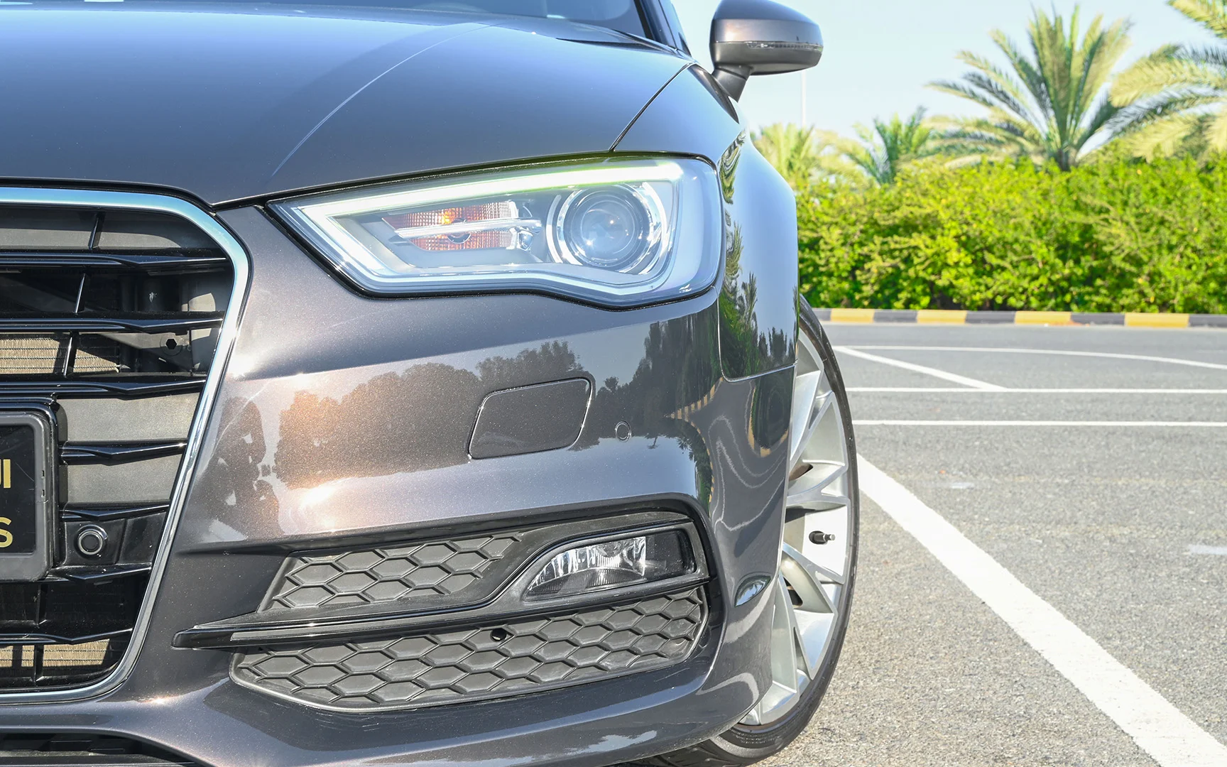 Used 2016 Audi A3 S-Line Grey – Headlight Close-up at First Choice Cars Sharjah