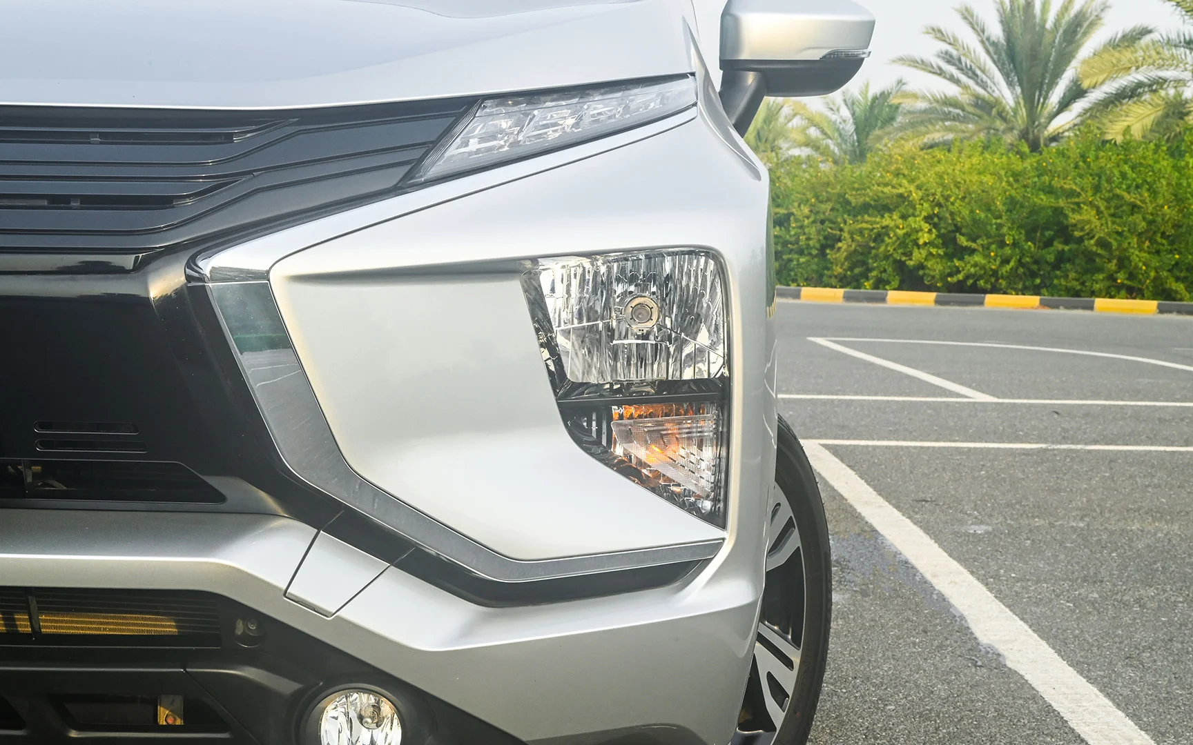 Used 2021 Mitsubishi XPANDER Highline Silver – Headlight Close-up at First Choice Cars Sharjah