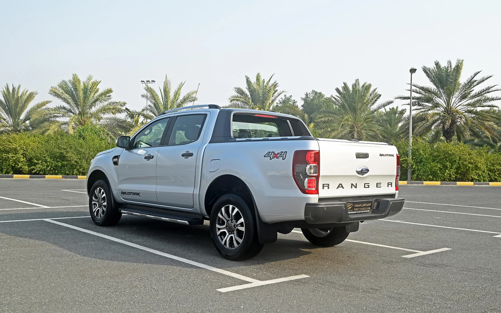 Used 2021 Ford Ranger Wildtrak in Silver – Left Back Diagonal (45°) View for Sale at First Choice Cars Dubai Sharjah