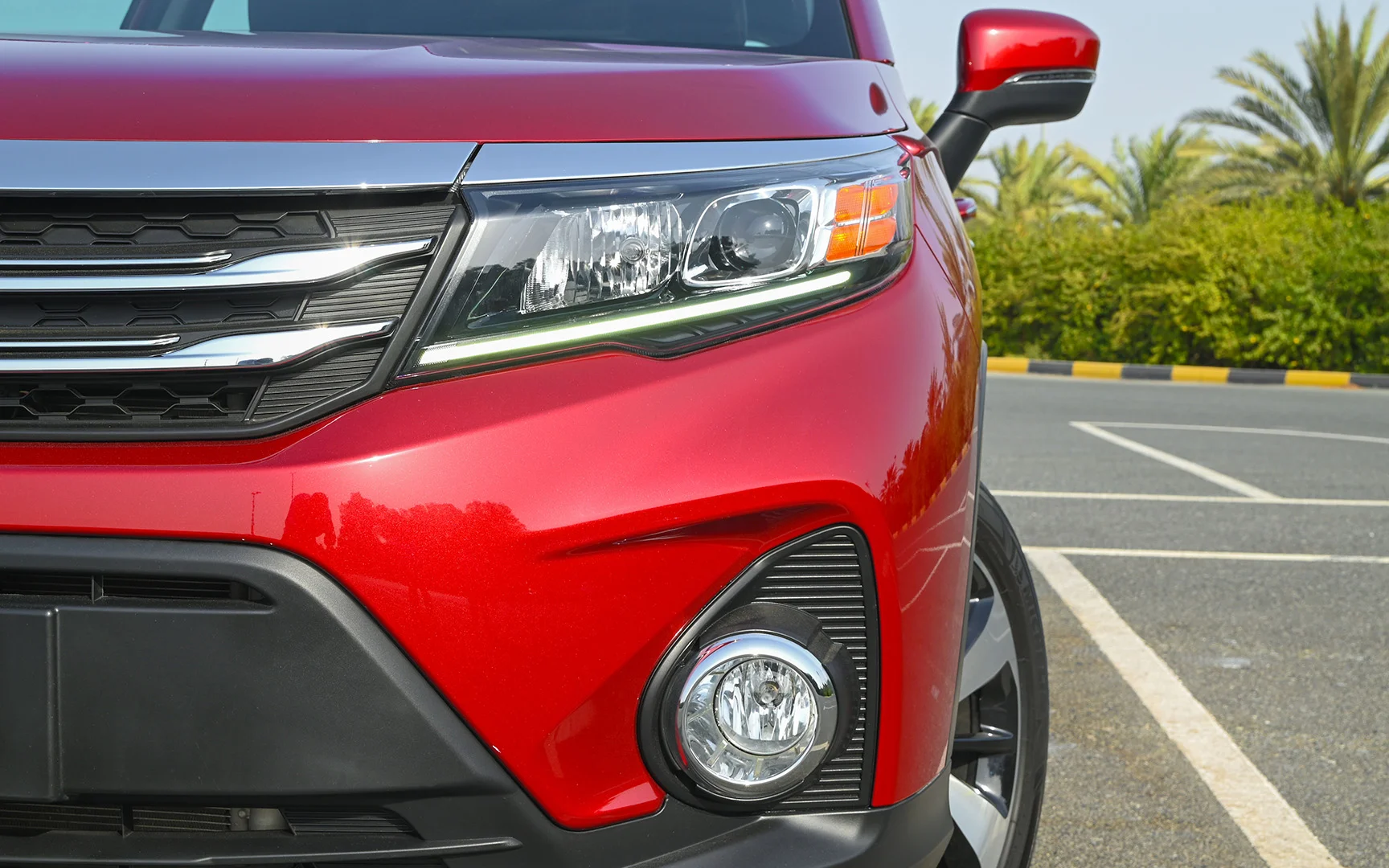 Used 2022 GAC GS3 GE Red – Headlight Close-up at First Choice Cars Sharjah