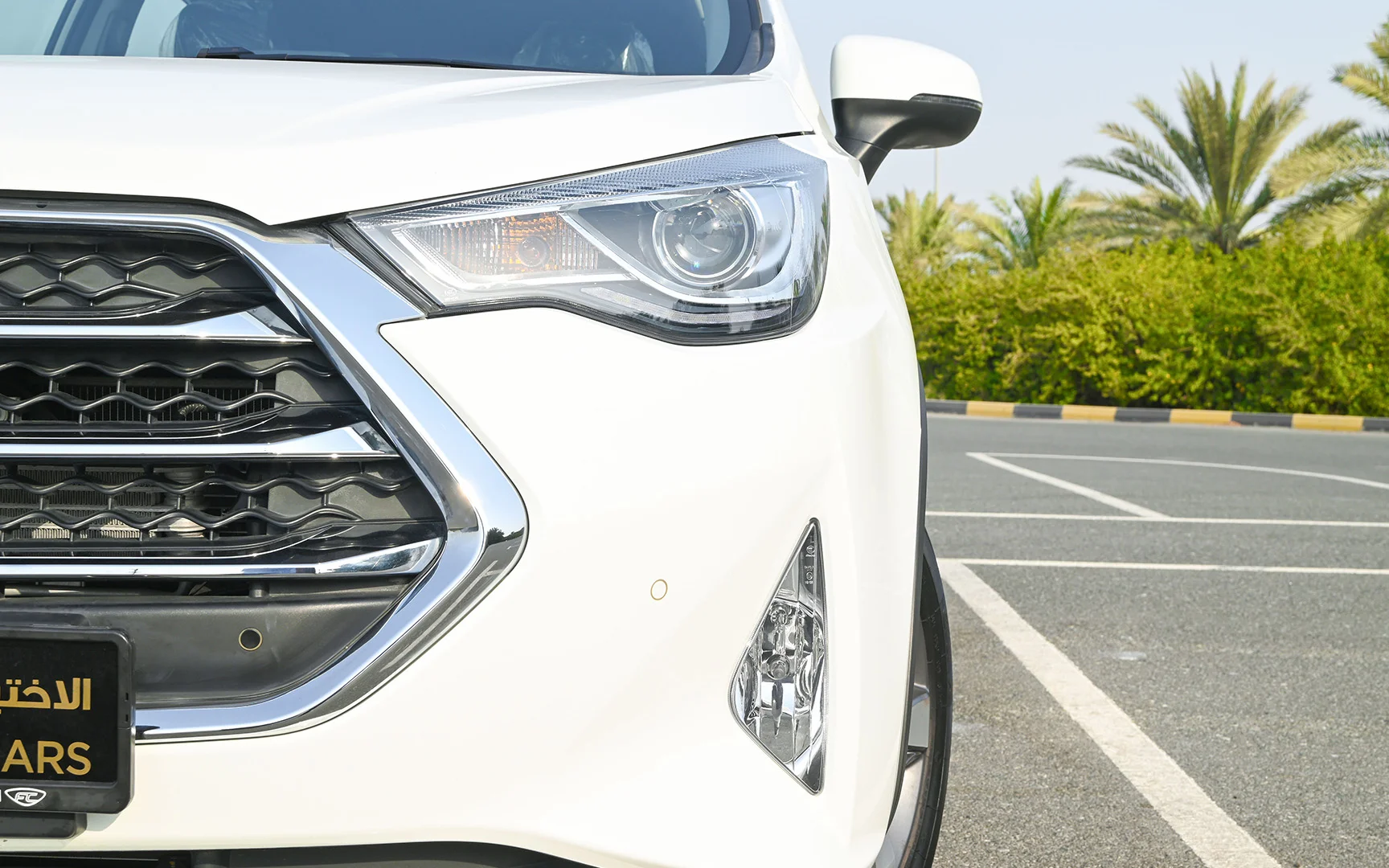 Used 2023 JAC S3 Luxury White – Headlight Close-up at First Choice Cars Sharjah