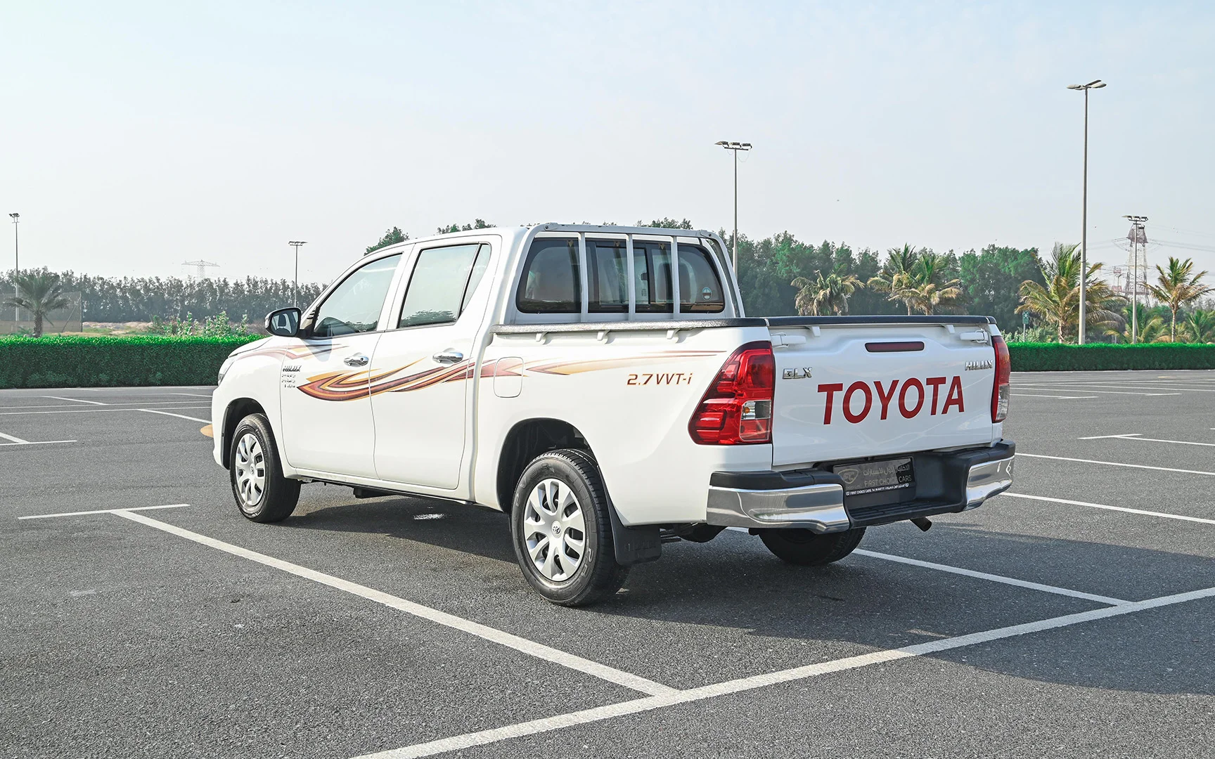 Used 2018 Toyota Hilux GLX Double Cabin in White – Left Back Diagonal (45°) View for Sale at First Choice Cars Dubai Sharjah