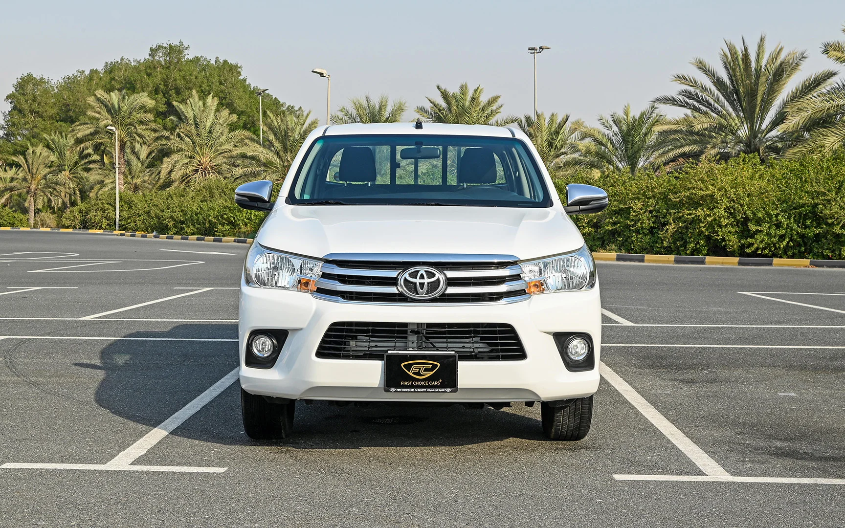 Used 2018 Toyota Hilux GLX Double Cabin in White – Front View for Sale at First Choice Cars Dubai Sharjah