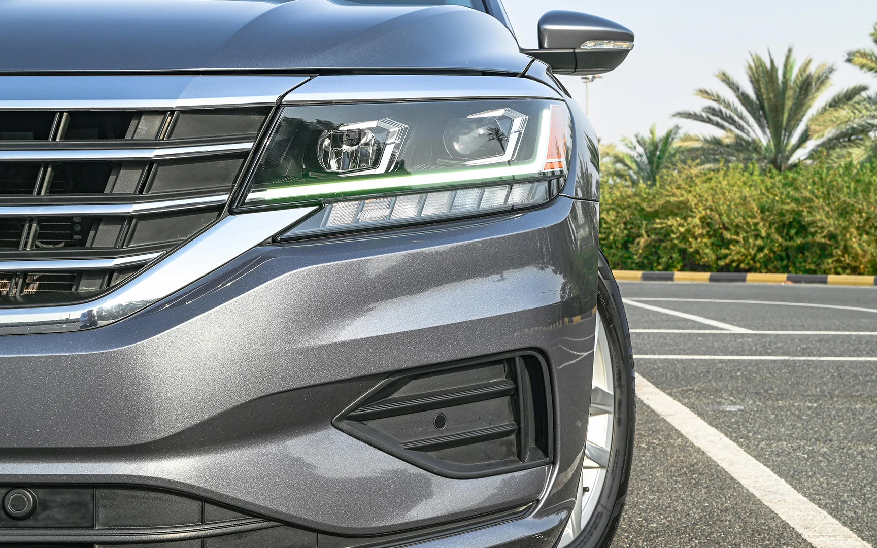 Used 2020 Volkswagen PASSAT Comfortline Grey – Headlight Close-up at First Choice Cars Sharjah