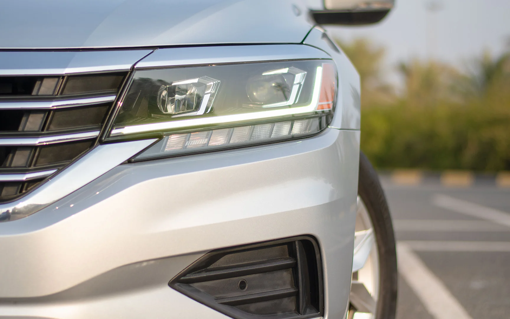 Used 2020 Volkswagen PASSAT Comfortline Silver – Headlight Close-up at First Choice Cars Sharjah