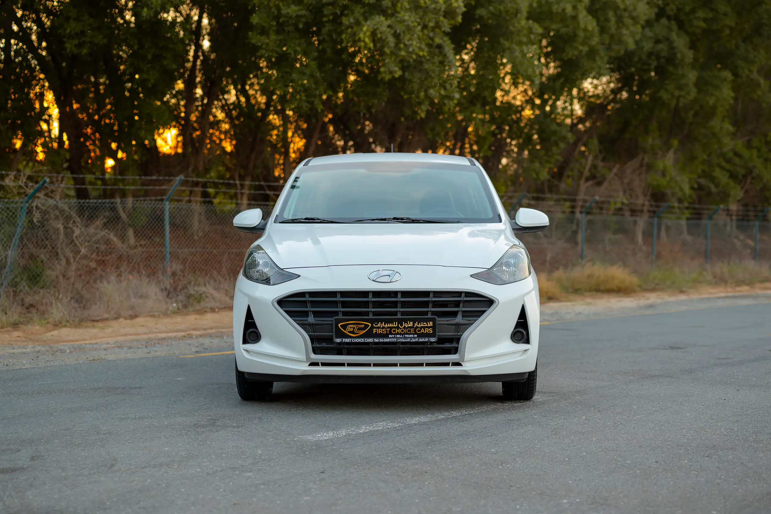 Used 2023 Hyundai Grand i10 Smart White – Front View at First Choice Cars Sharjah