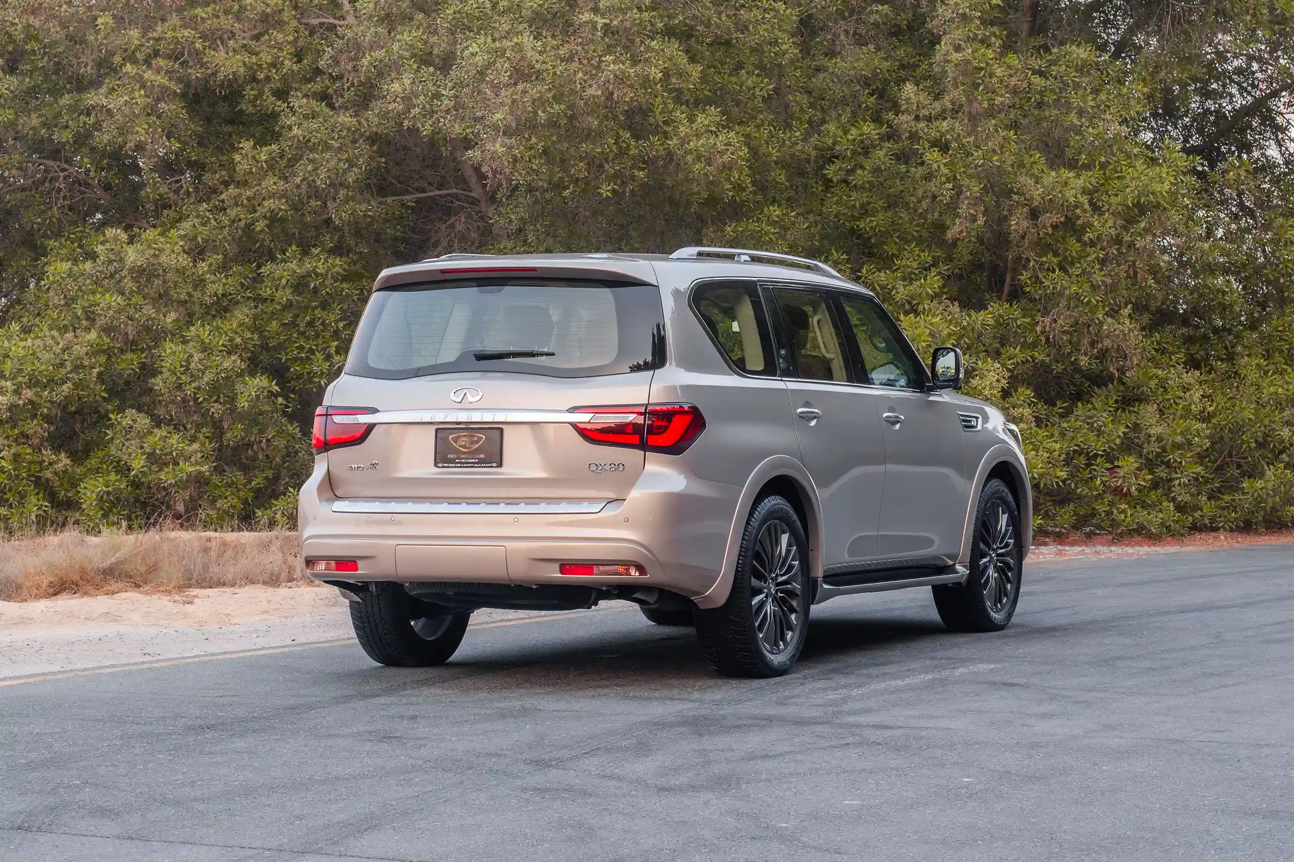 Used 2023 Infiniti QX80 Luxury Gold – Right Back Diagonal (45°) View at First Choice Cars Sharjah