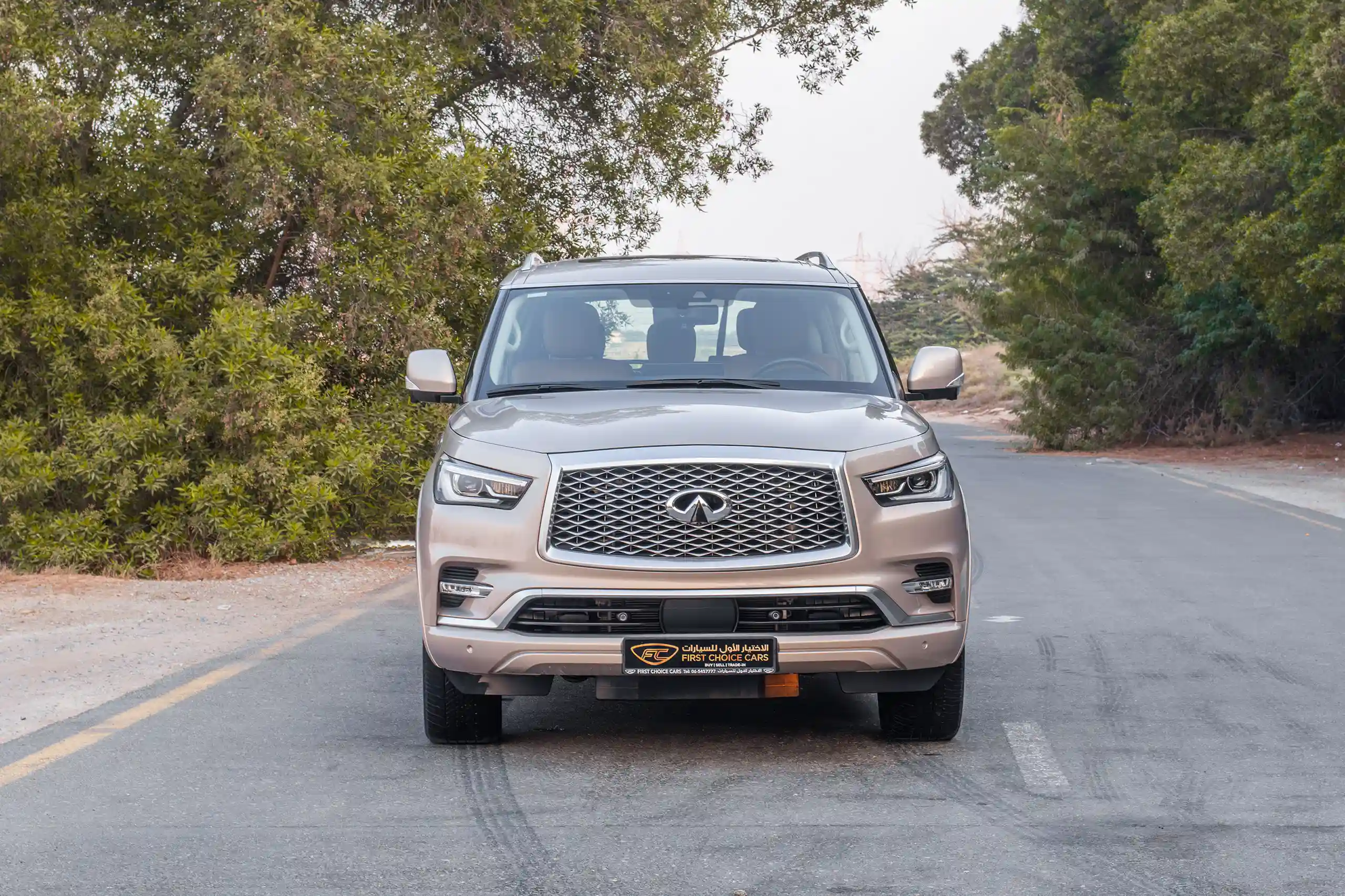 Used 2023 Infiniti QX80 Luxury Gold – Front View at First Choice Cars Sharjah