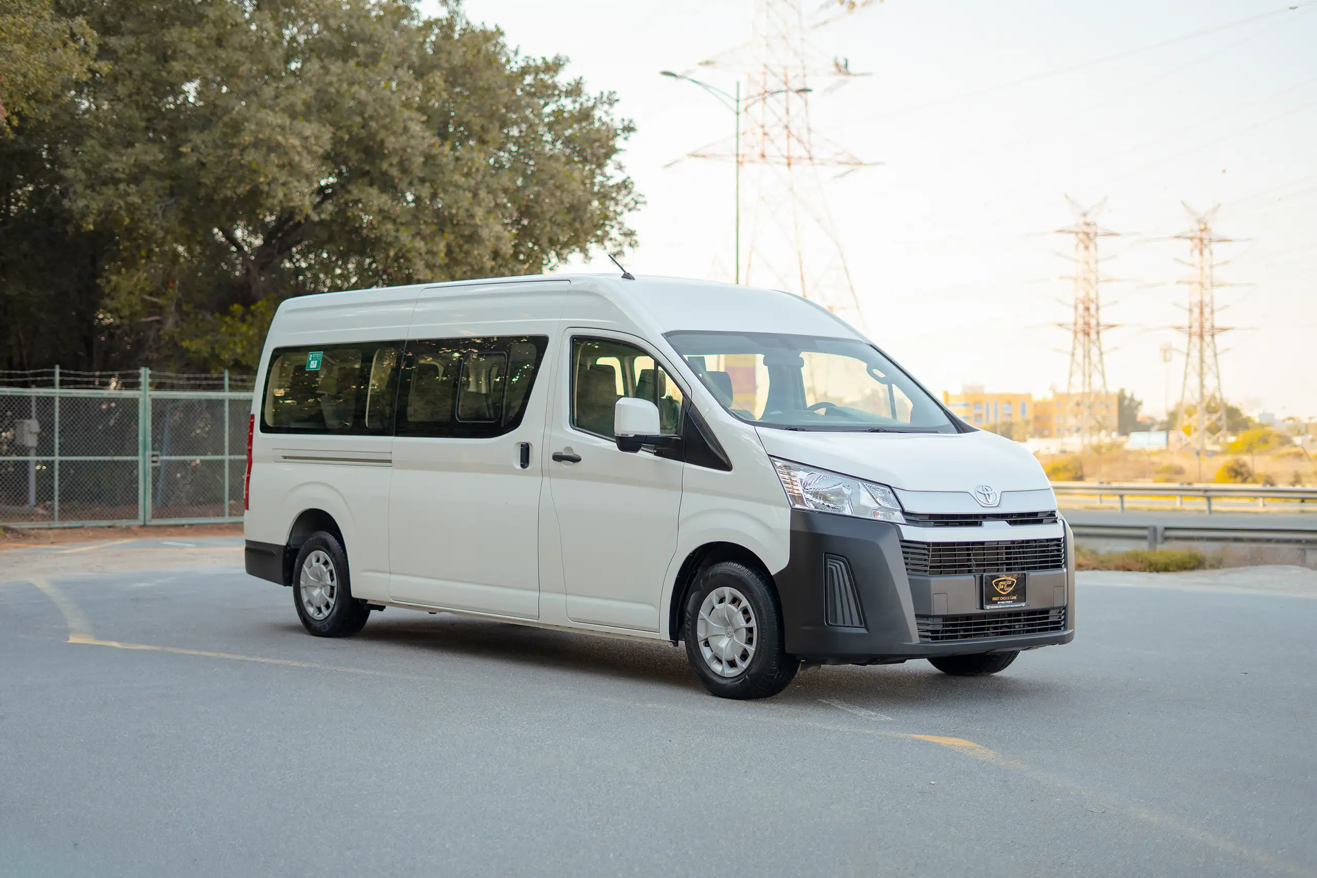 Used 2021 Toyota Hiace GL High Roof White – Right Front Diagonal (45°) View at First Choice Cars Sharjah