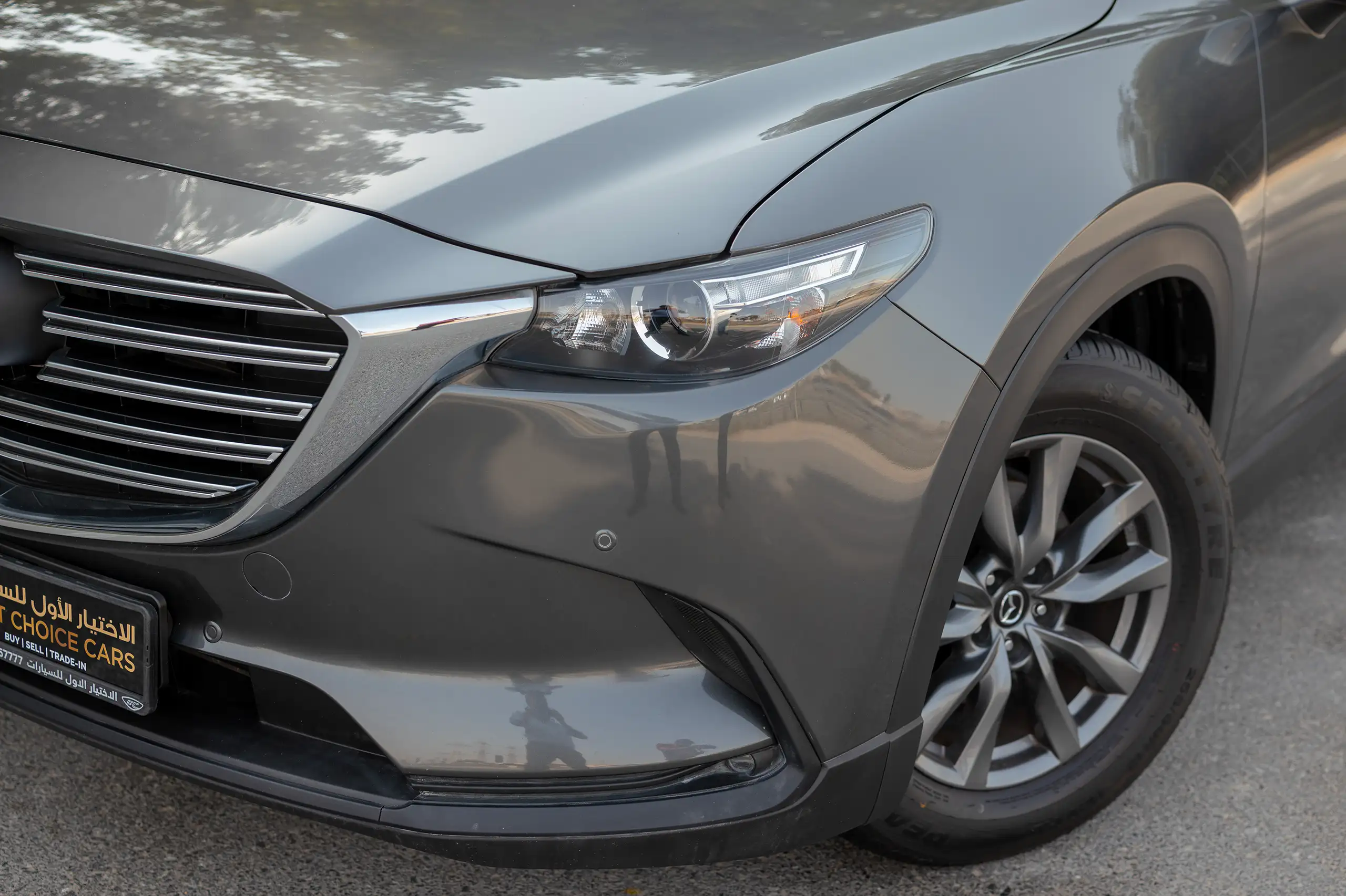Used 2020 Mazda CX-9 GT Grey – Headlight Close-up at First Choice Cars Sharjah
