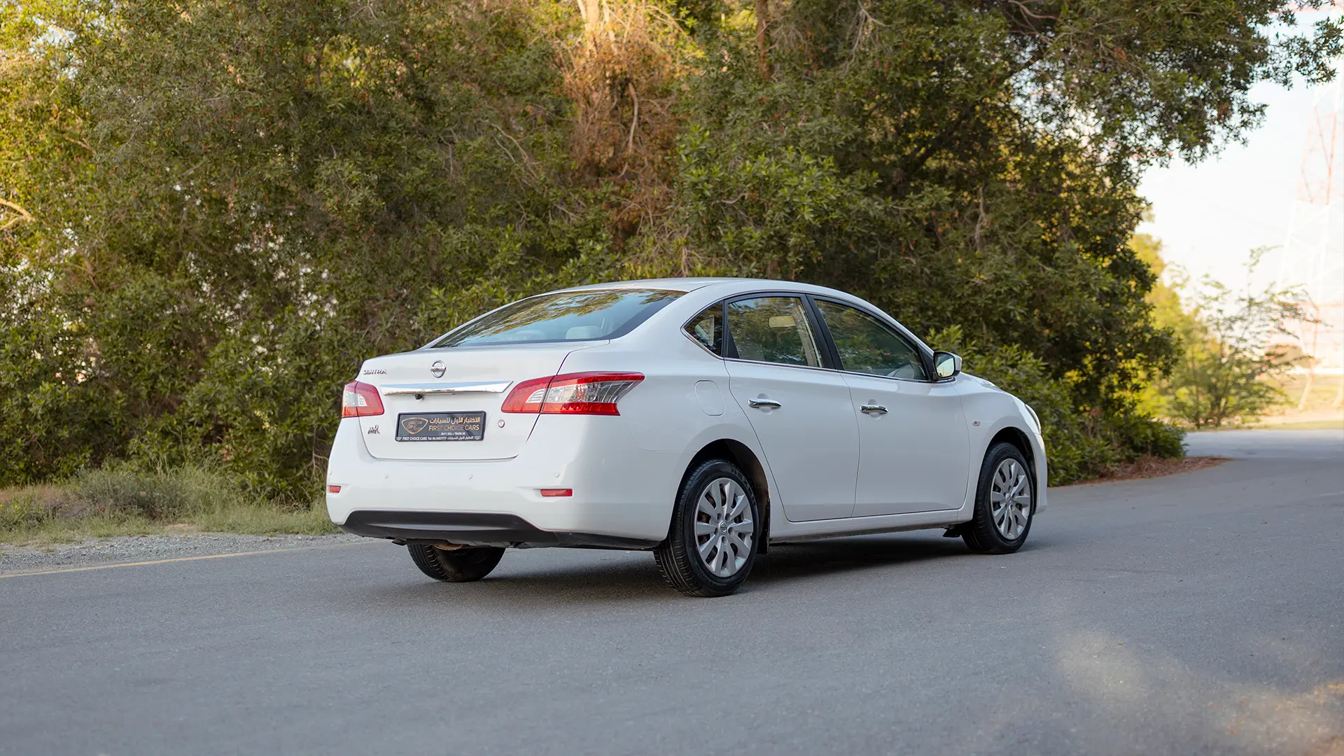 Used 2019 Nissan Sentra S in White – Right Back Diagonal (45°) View for Sale at First Choice Cars Dubai Sharjah