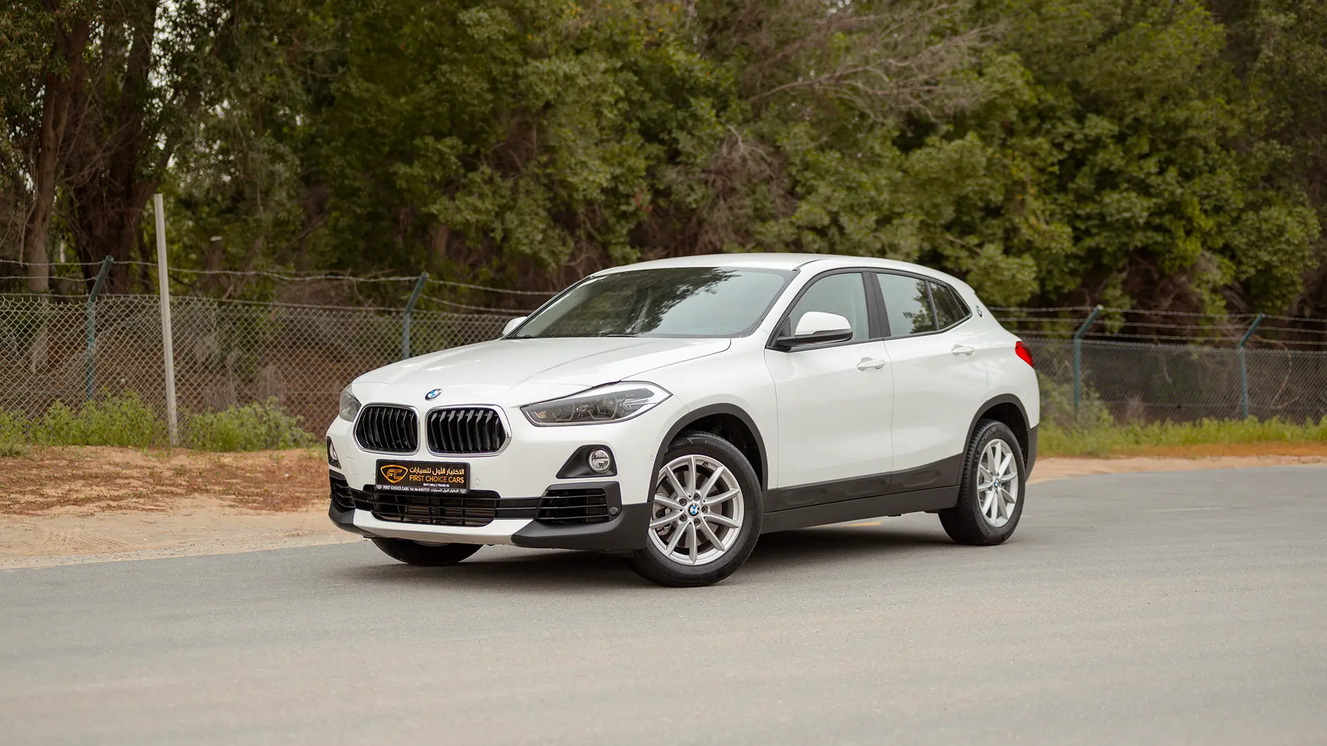 Used 2020 BMW X2 S-Drive 20i in White – Left Front Diagonal (45°) View for Sale at First Choice Cars Dubai Sharjah