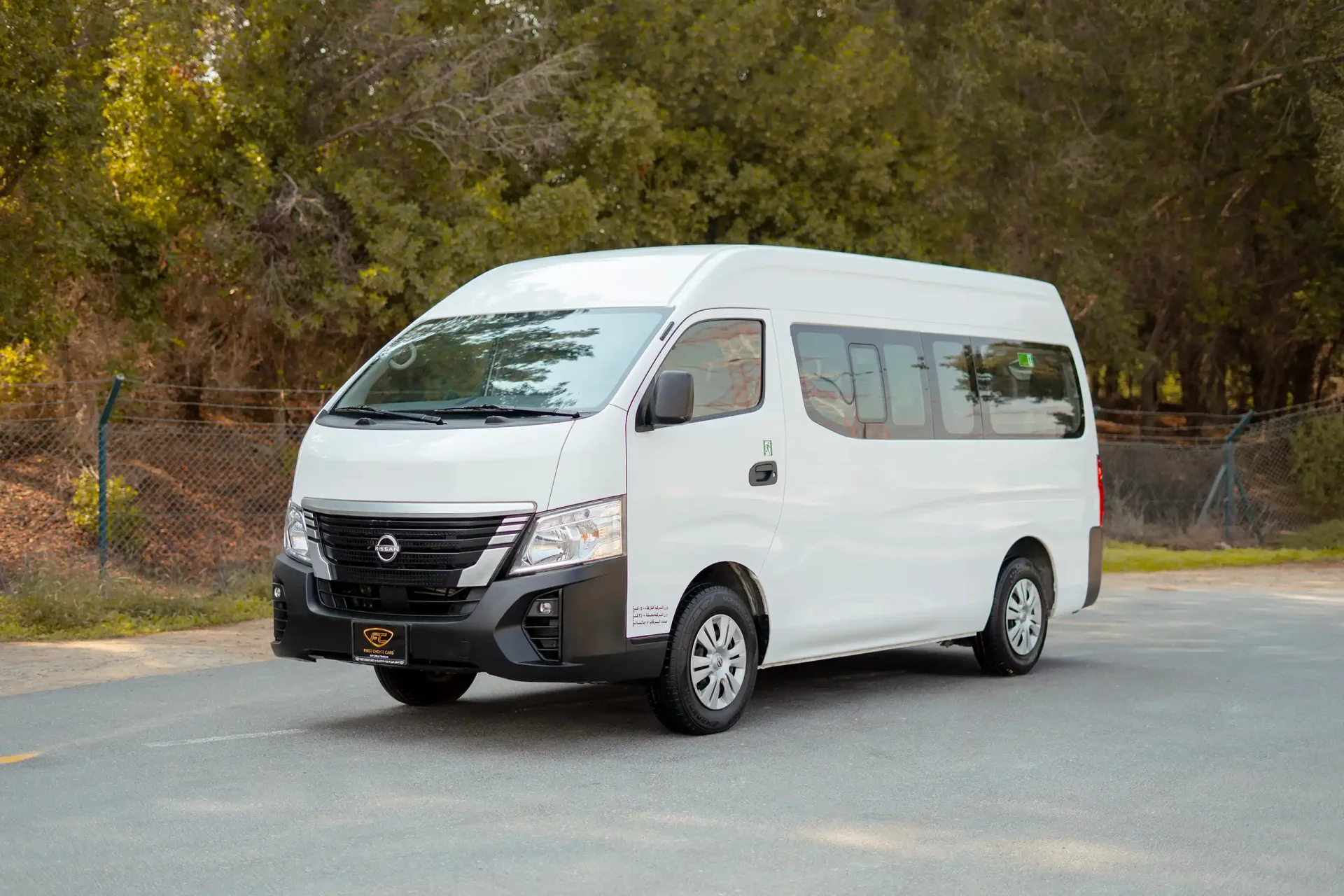 Used 2023 Nissan Urvan High Roof in White – Left Front Diagonal (45°) View for Sale at First Choice Cars Dubai Sharjah