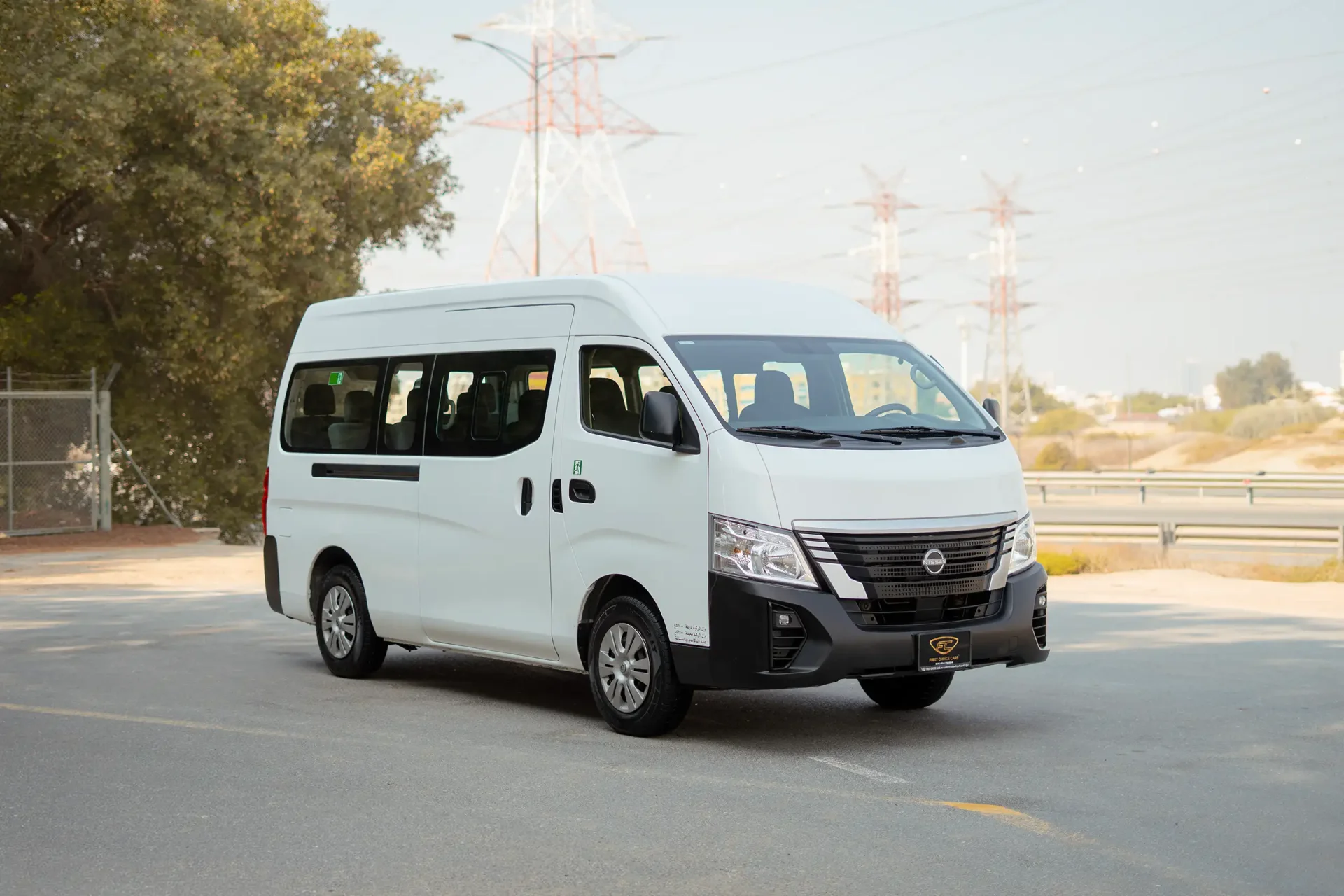 Used 2023 Nissan Urvan High Roof in White – Right Front Diagonal (45°) View for Sale at First Choice Cars Dubai Sharjah