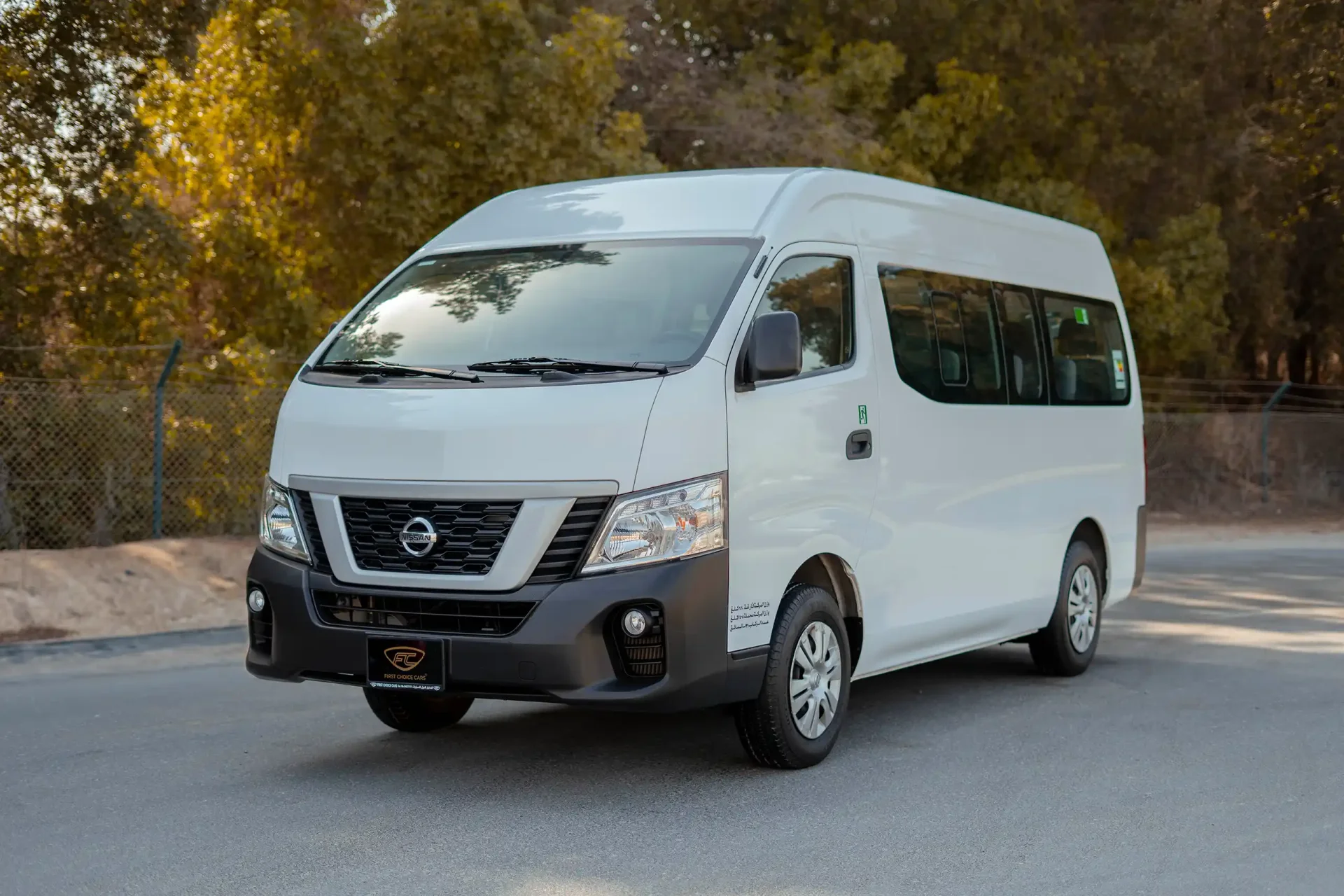 Used 2019 Nissan Urvan High Roof in White – Left Front Diagonal (45°) View for Sale at First Choice Cars Dubai Sharjah