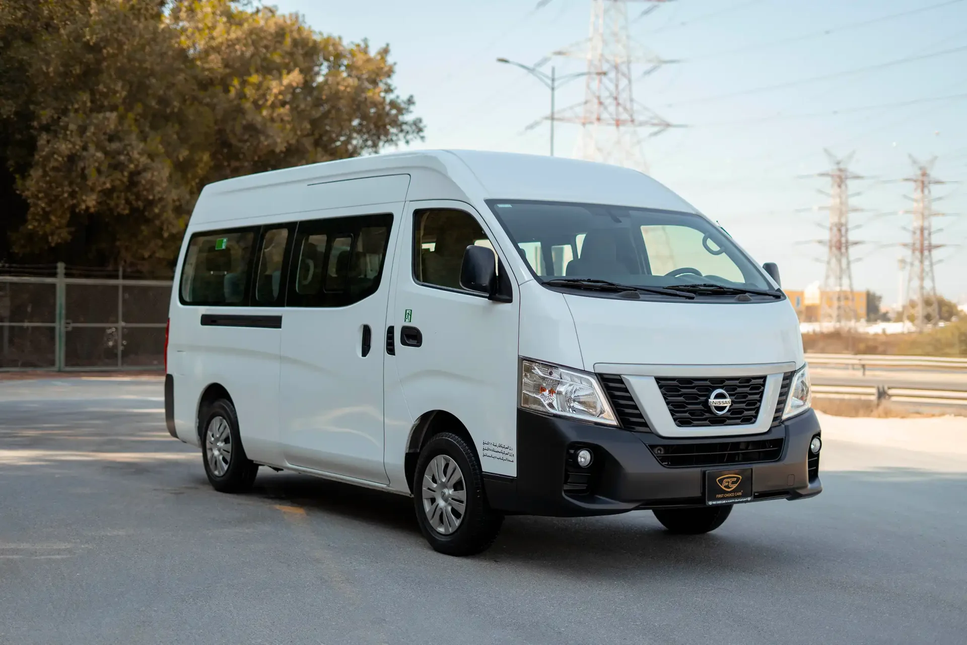 Used 2019 Nissan Urvan High Roof in White – Right Front Diagonal (45°) View for Sale at First Choice Cars Dubai Sharjah
