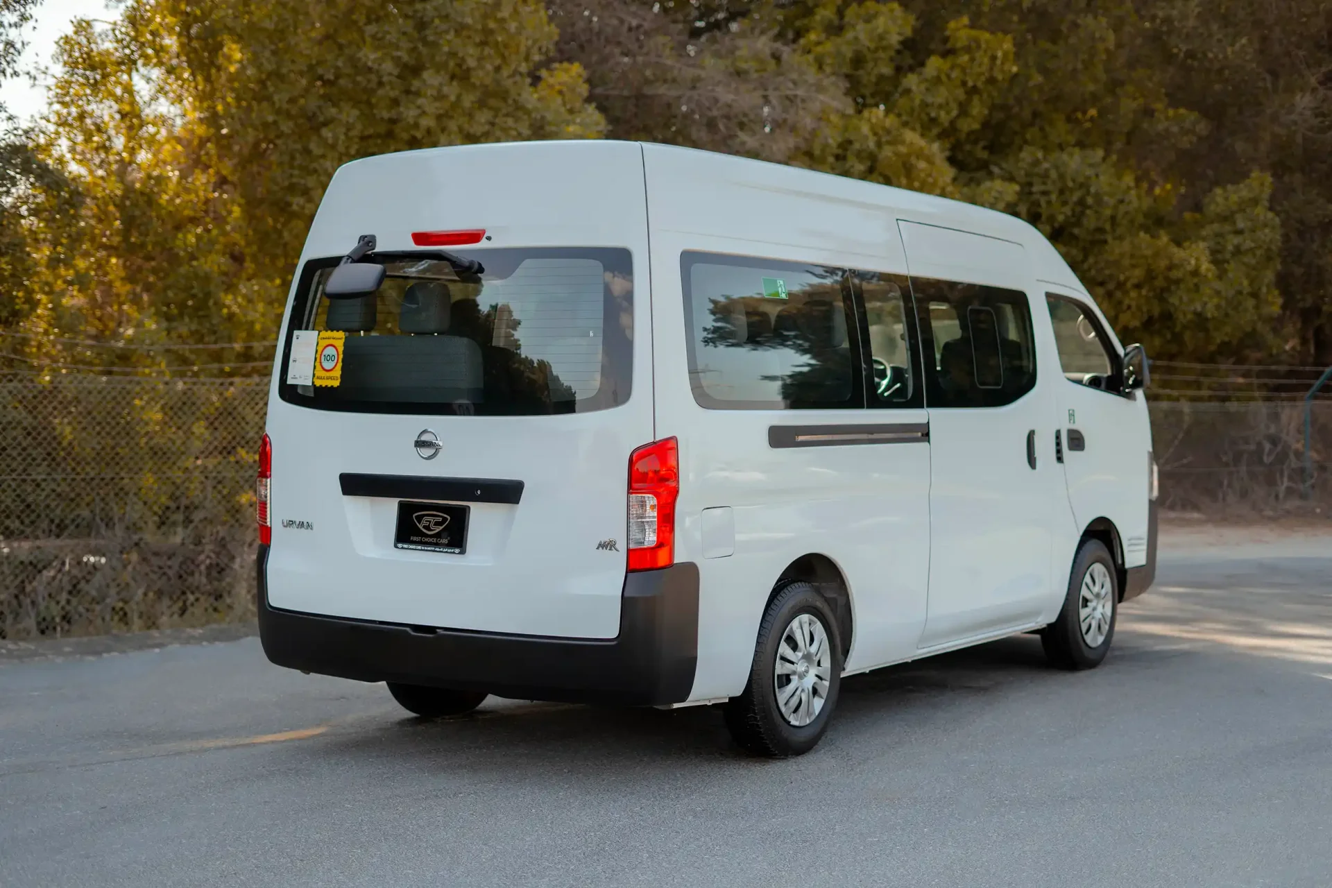 Used 2019 Nissan Urvan High Roof in White – Right Back Diagonal (45°) View for Sale at First Choice Cars Dubai Sharjah