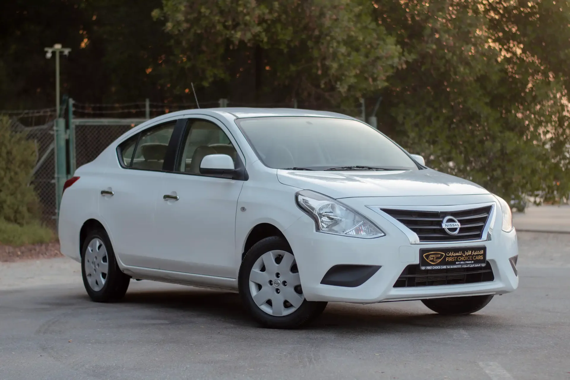 Used 2023 Nissan Sunny SV in White – Right Front Diagonal (45°) View for Sale at First Choice Cars Dubai Sharjah
