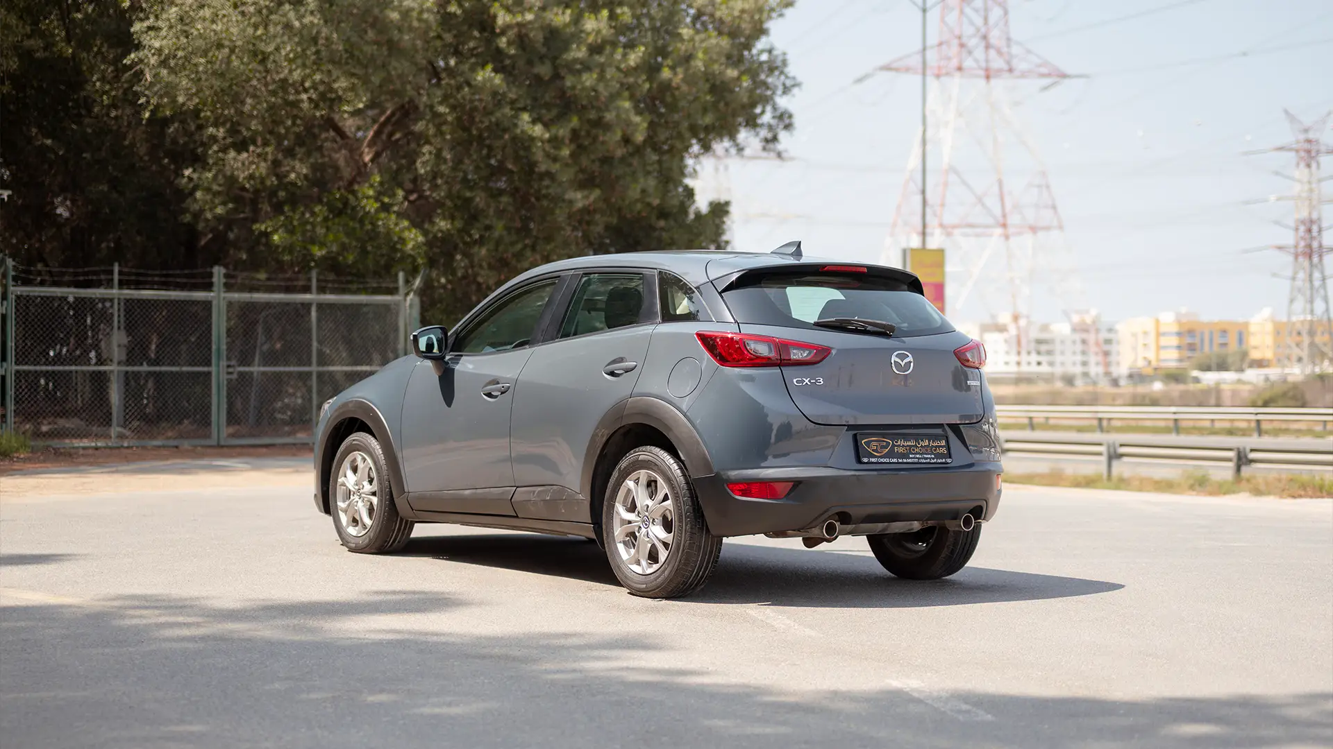 Used 2023 Mazda CX-3 GS in Grey – Left Back Diagonal (45°) View for Sale at First Choice Cars Dubai Sharjah