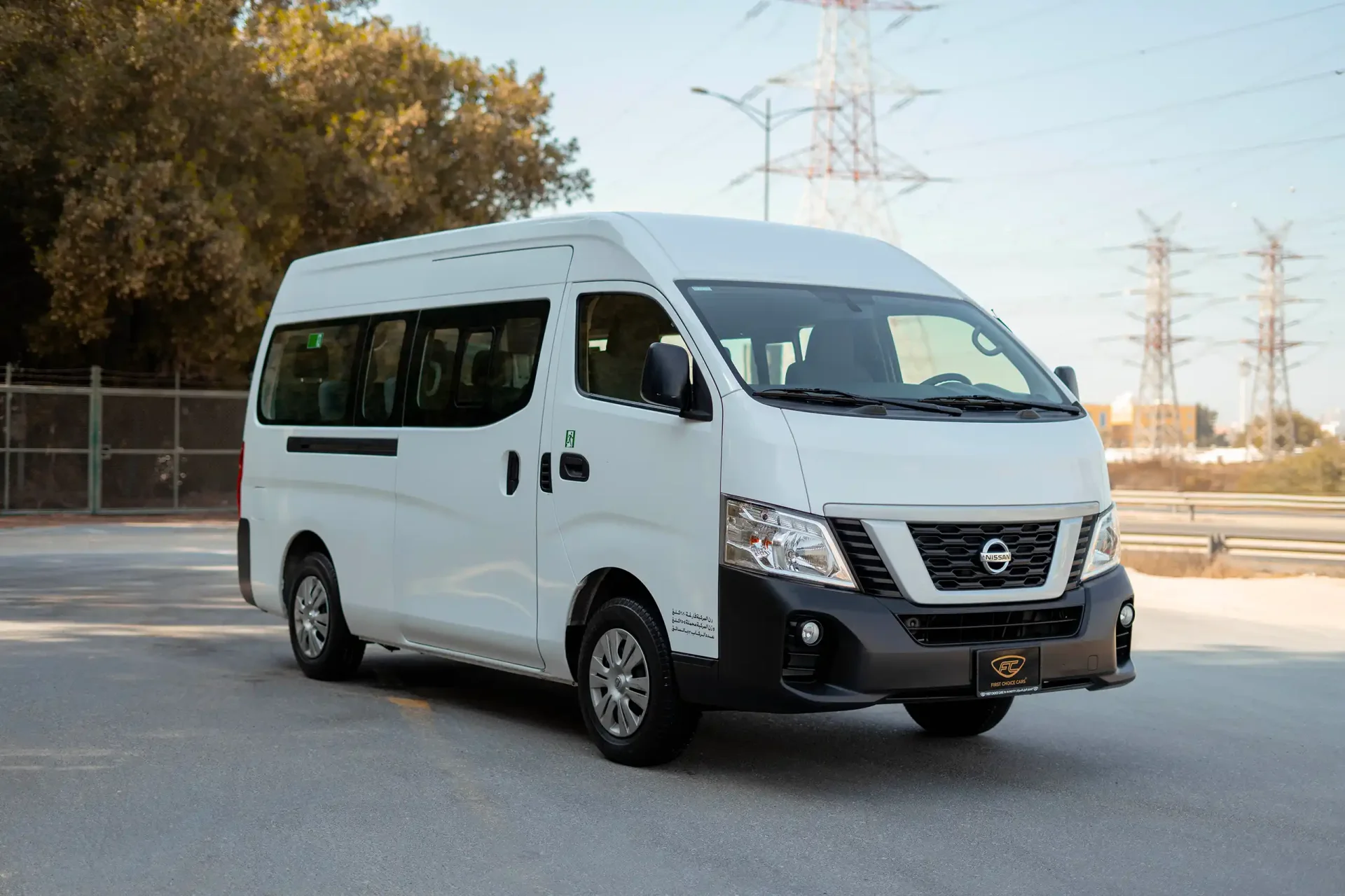 Used 2021 Nissan Urvan High Roof in White – Right Front Diagonal (45°) View for Sale at First Choice Cars Dubai Sharjah