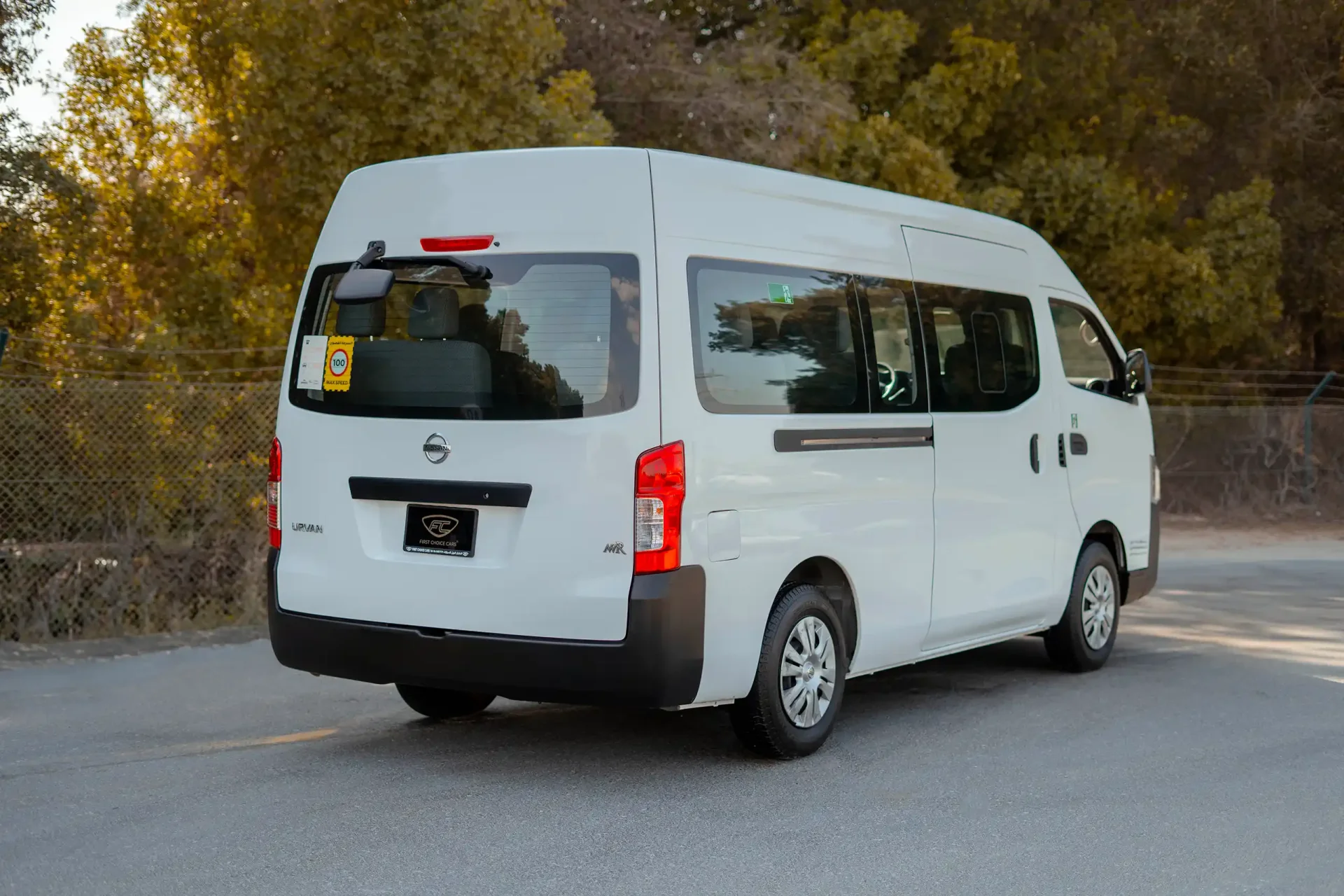 Used 2021 Nissan Urvan High Roof in White – Right Back Diagonal (45°) View for Sale at First Choice Cars Dubai Sharjah