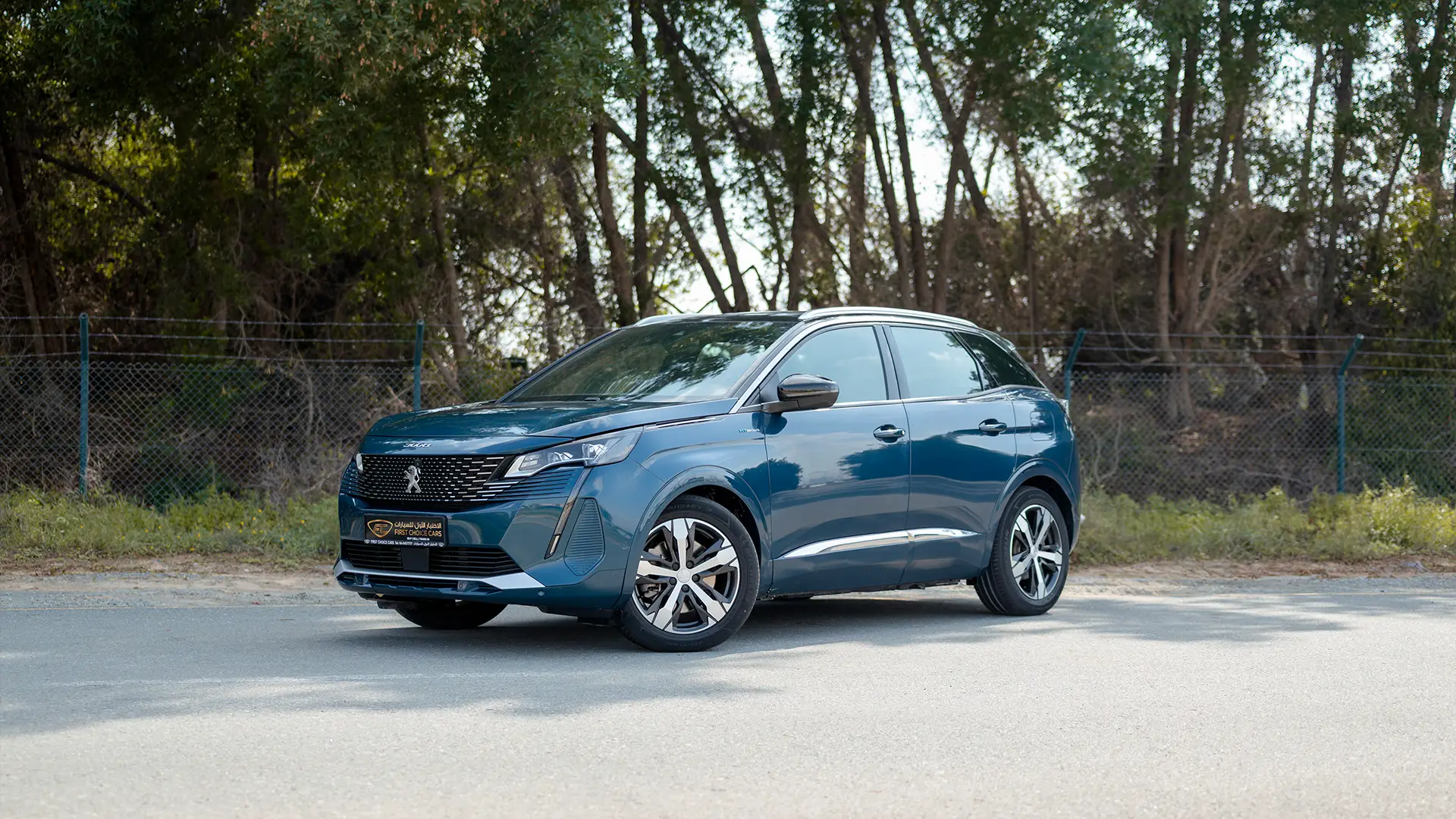 Used 2022 Peugeot 3008 Hybrid 4 GT in Blue – Left Front Diagonal (45°) View for Sale at First Choice Cars Dubai Sharjah