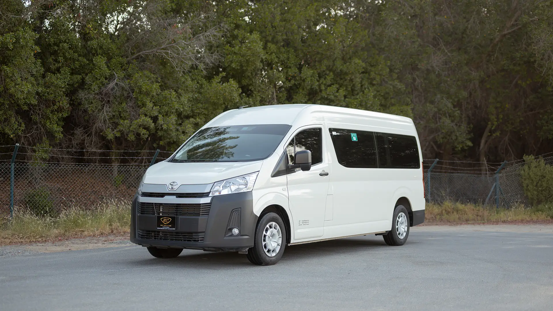 Used 2025 Toyota Hiace GLX High Roof in White – Left Front Diagonal (45°) View for Sale at First Choice Cars Dubai Sharjah