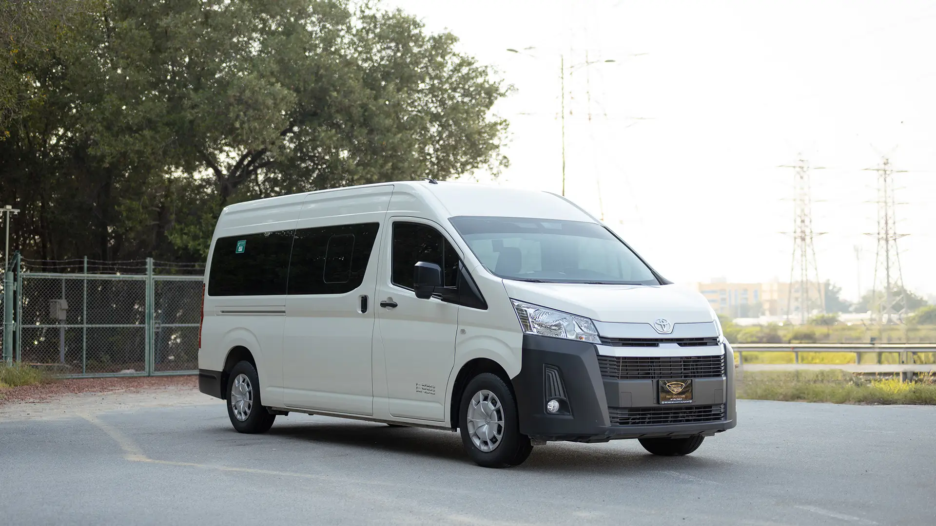 Used 2025 Toyota Hiace GLX High Roof in White – Right Front Diagonal (45°) View for Sale at First Choice Cars Dubai Sharjah
