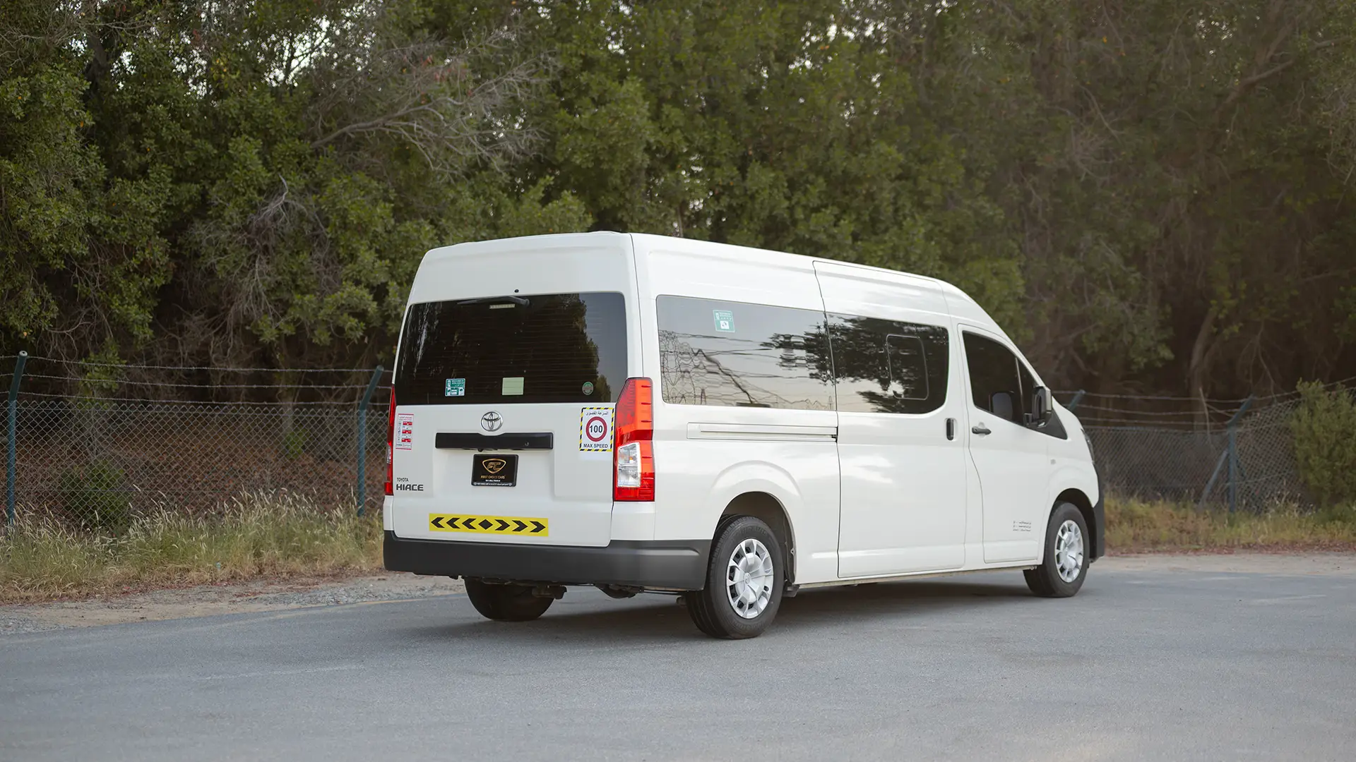 Used 2025 Toyota Hiace GLX High Roof in White – Right Back Diagonal (45°) View for Sale at First Choice Cars Dubai Sharjah