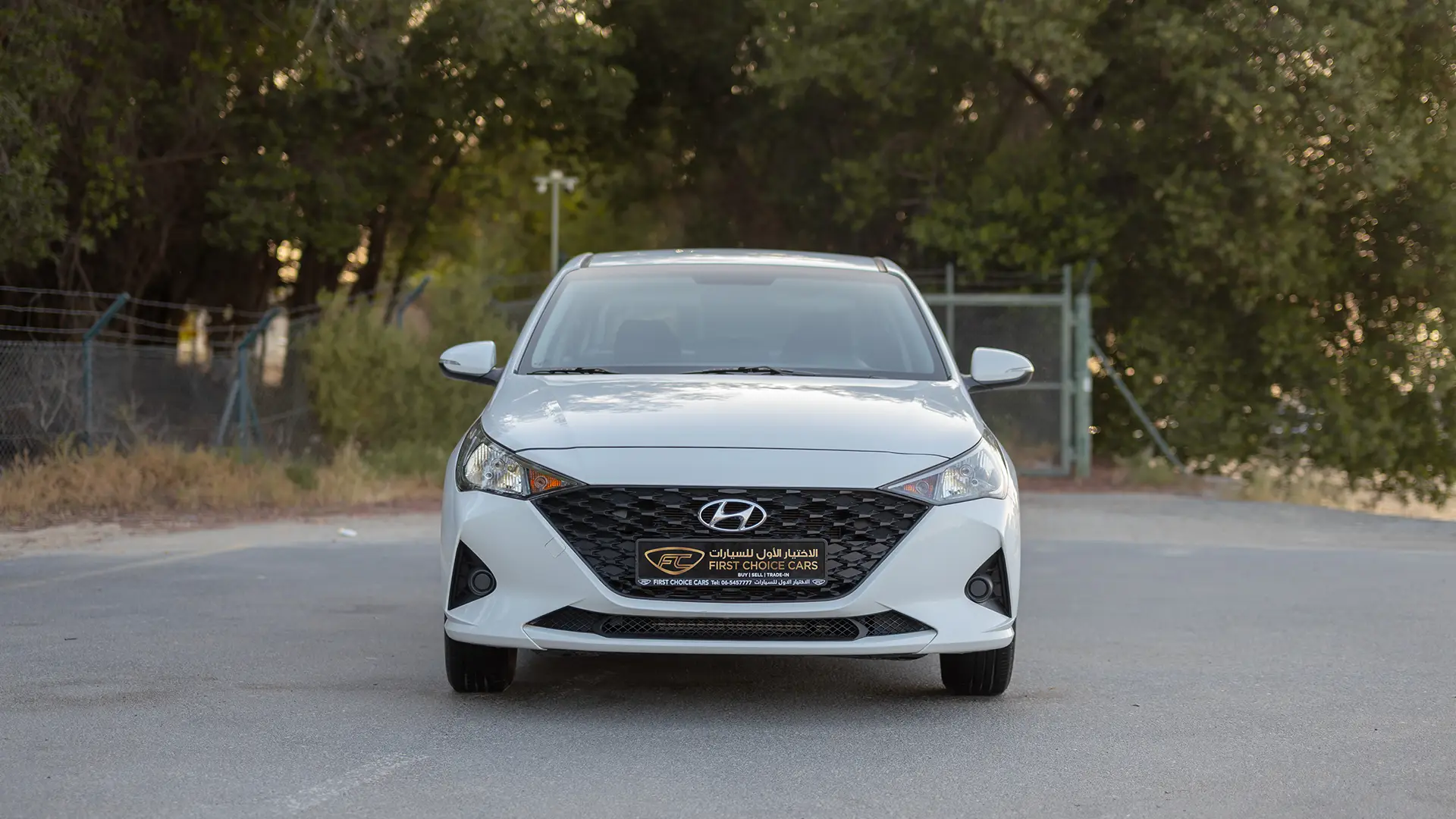Used 2023 Hyundai Accent Smart in White – Front View for Sale at First Choice Cars Dubai Sharjah