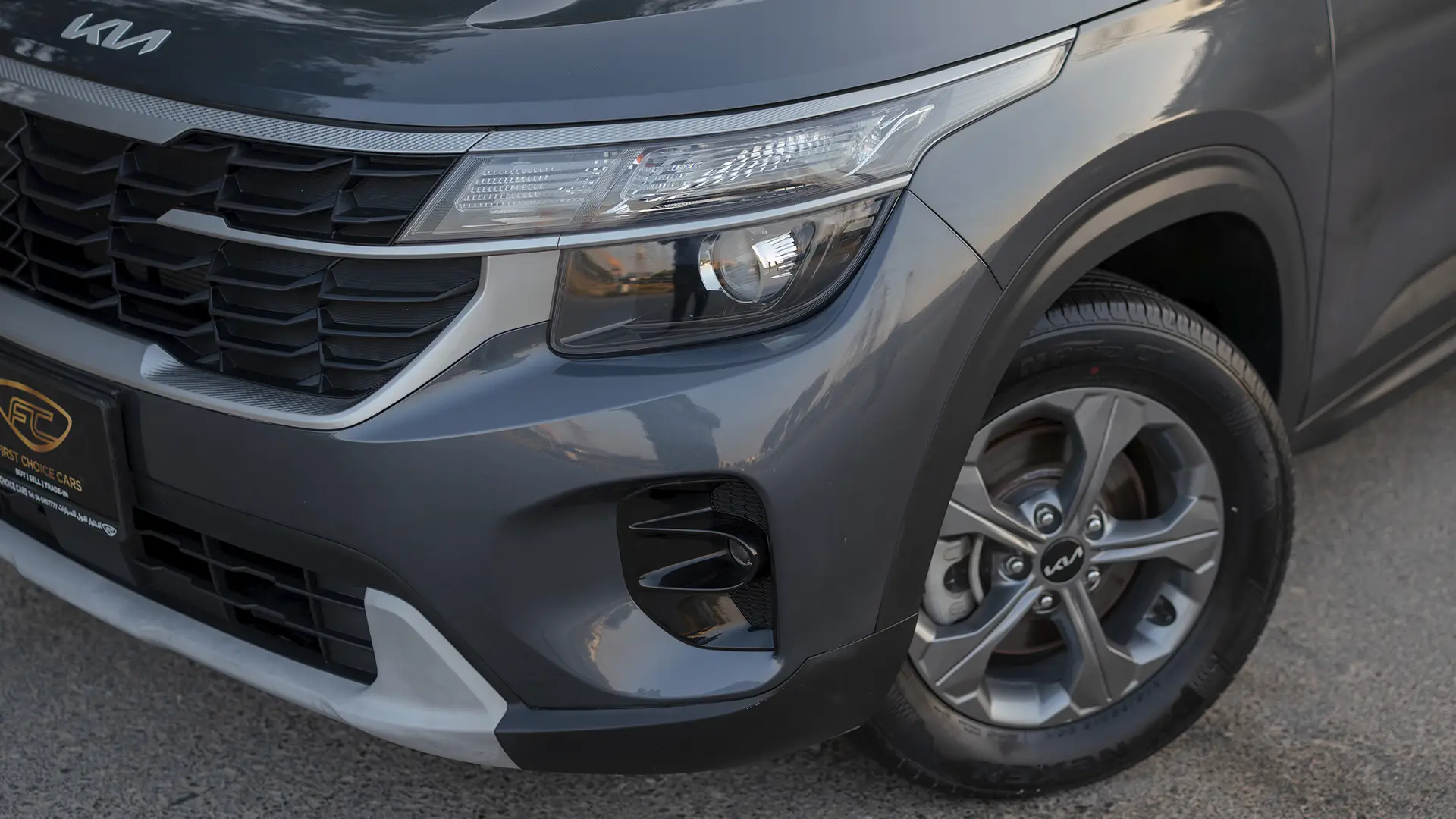 Used 2024 Kia Seltos LX in Grey – Headlight Close-up for Sale at First Choice Cars Dubai Sharjah