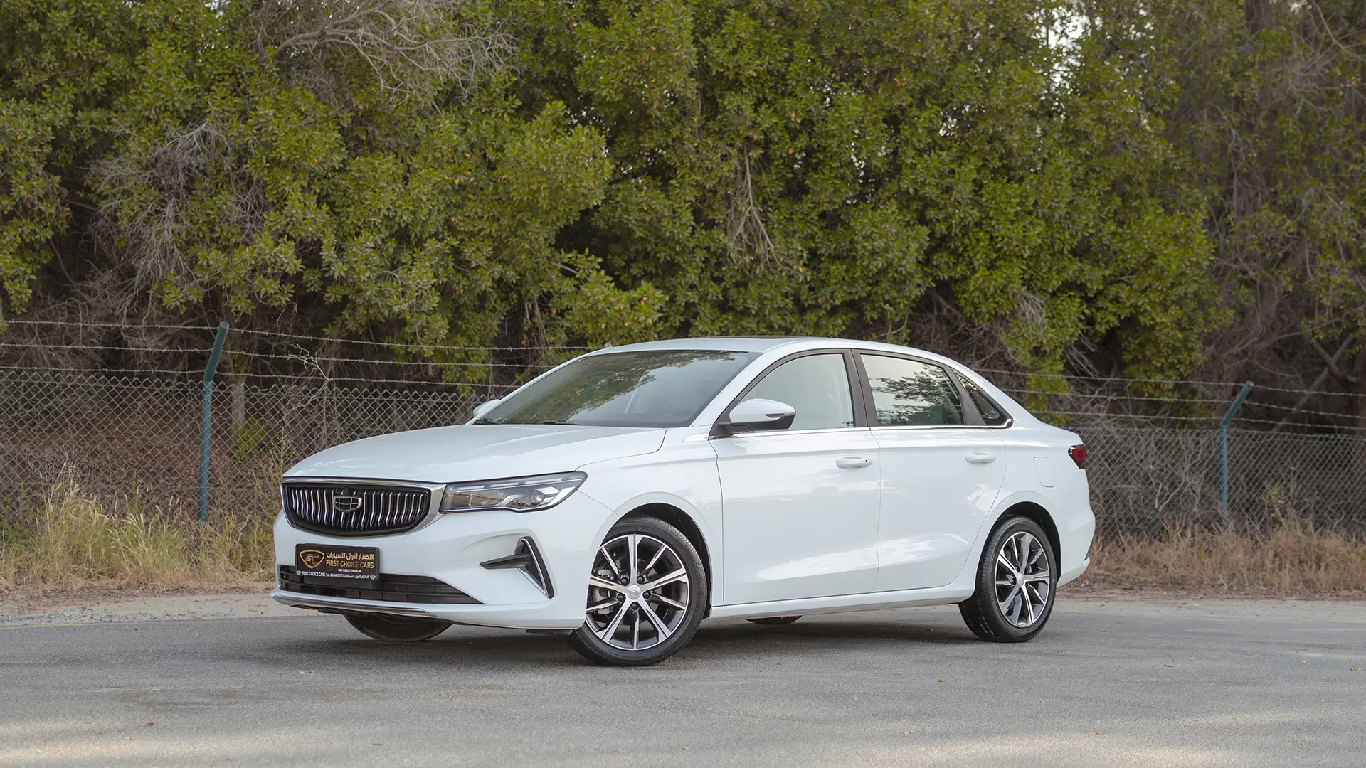Used 2025 Geely Emgrand GF in White – Left Front Diagonal (45°) View for Sale at First Choice Cars Dubai Sharjah