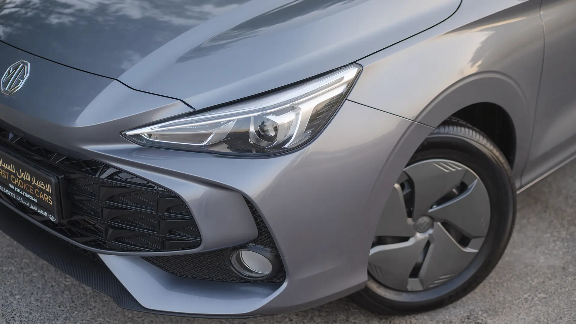 Used 2025 MG MG3 Comfort in Grey – Headlight Close-up for Sale at First Choice Cars Dubai Sharjah