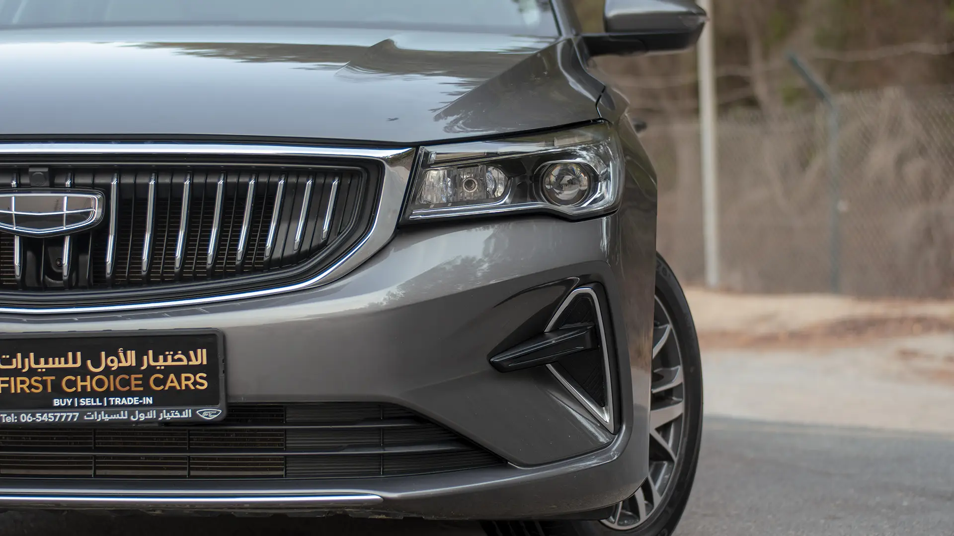 Used 2024 Geely Emgrand GS in Grey – Headlight Close-up for Sale at First Choice Cars Dubai Sharjah