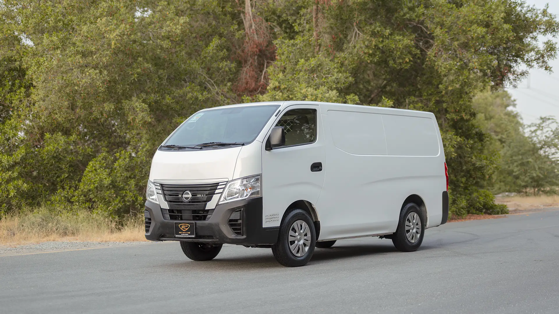 Used 2023 Nissan Urvan Standard Roof in White – Left Front Diagonal (45°) View for Sale at First Choice Cars Dubai Sharjah