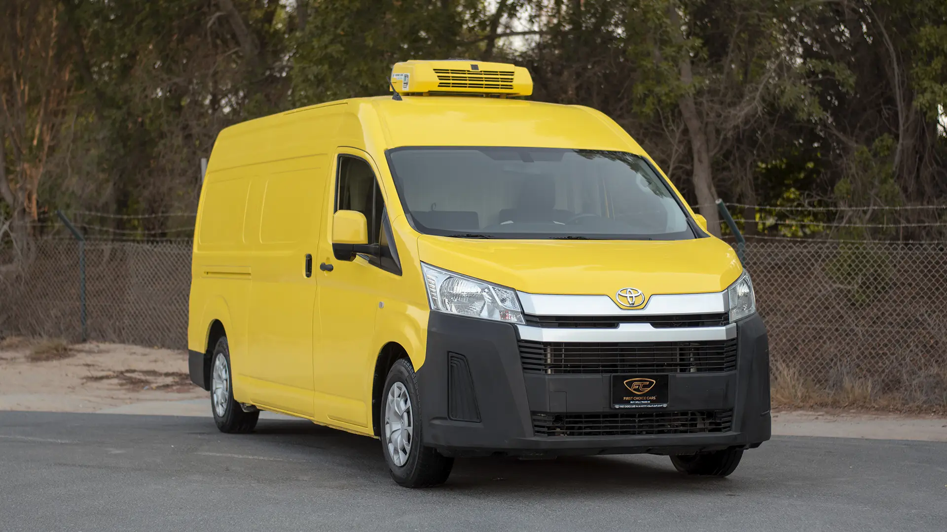 Used 2020 Toyota Hiace GLX High Roof in Yellow – Right Front Diagonal (45°) View for Sale at First Choice Cars Dubai Sharjah