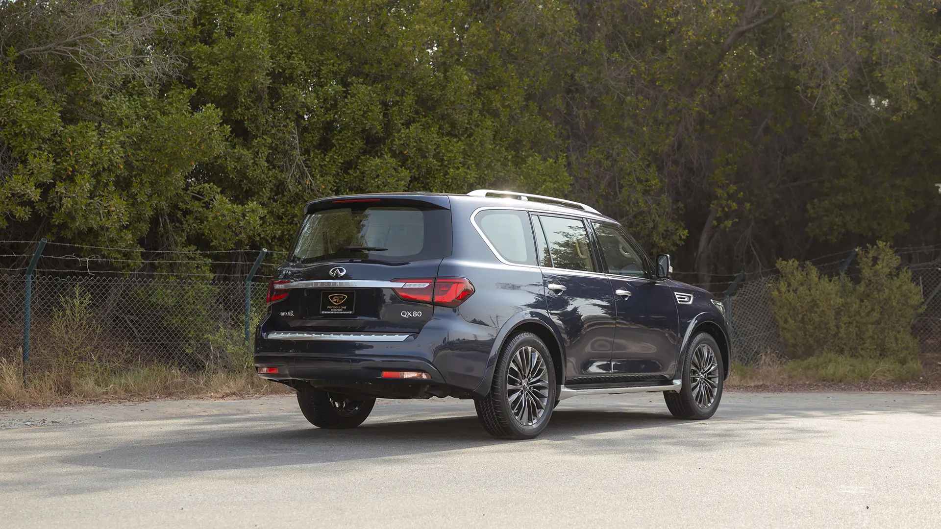 Used 2024 Infiniti QX80 Luxury in Blue – Right Back Diagonal (45°) View for Sale at First Choice Cars Dubai Sharjah