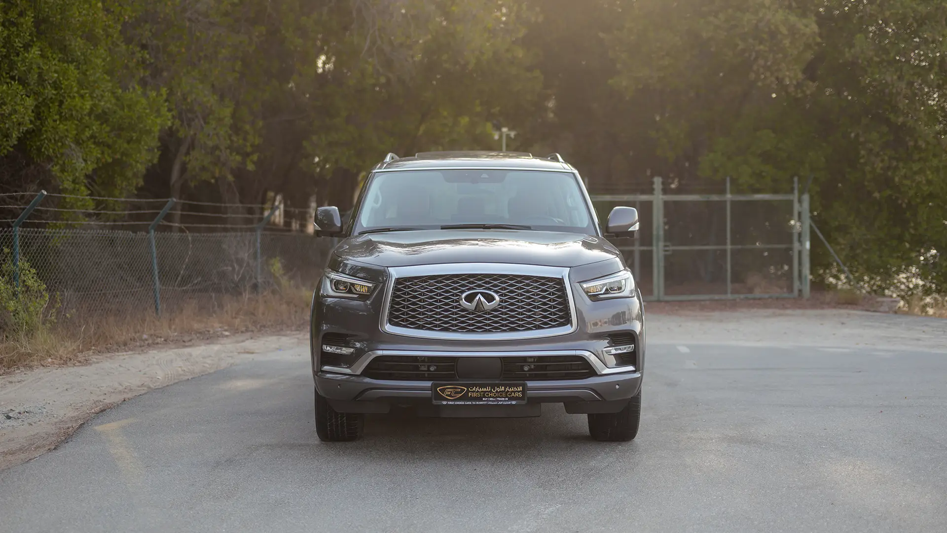 Used 2023 Infiniti QX80 Sensory in Grey – Front View for Sale at First Choice Cars Dubai Sharjah