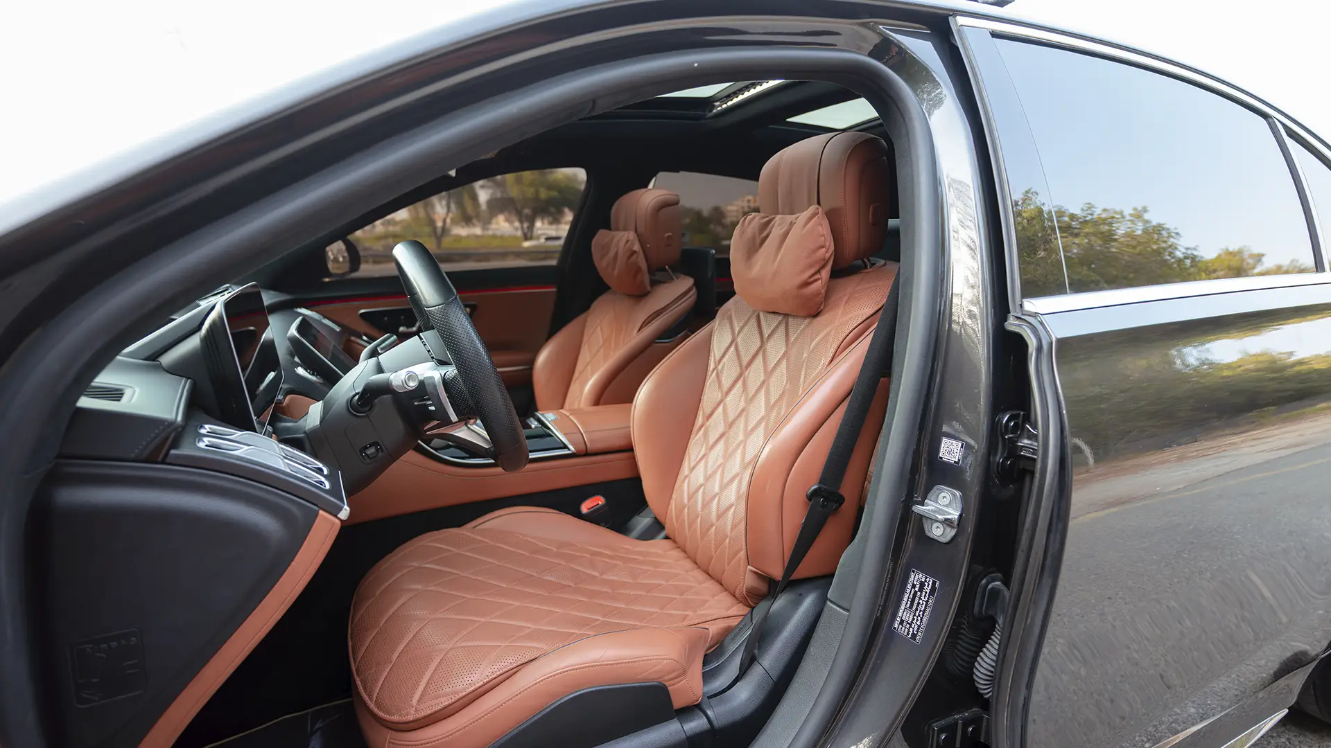 Used 2021 Mercedes-Benz S-Class S 450 4MATIC in Grey – Front Driver Side Cabin View for Sale at First Choice Cars Dubai Sharjah