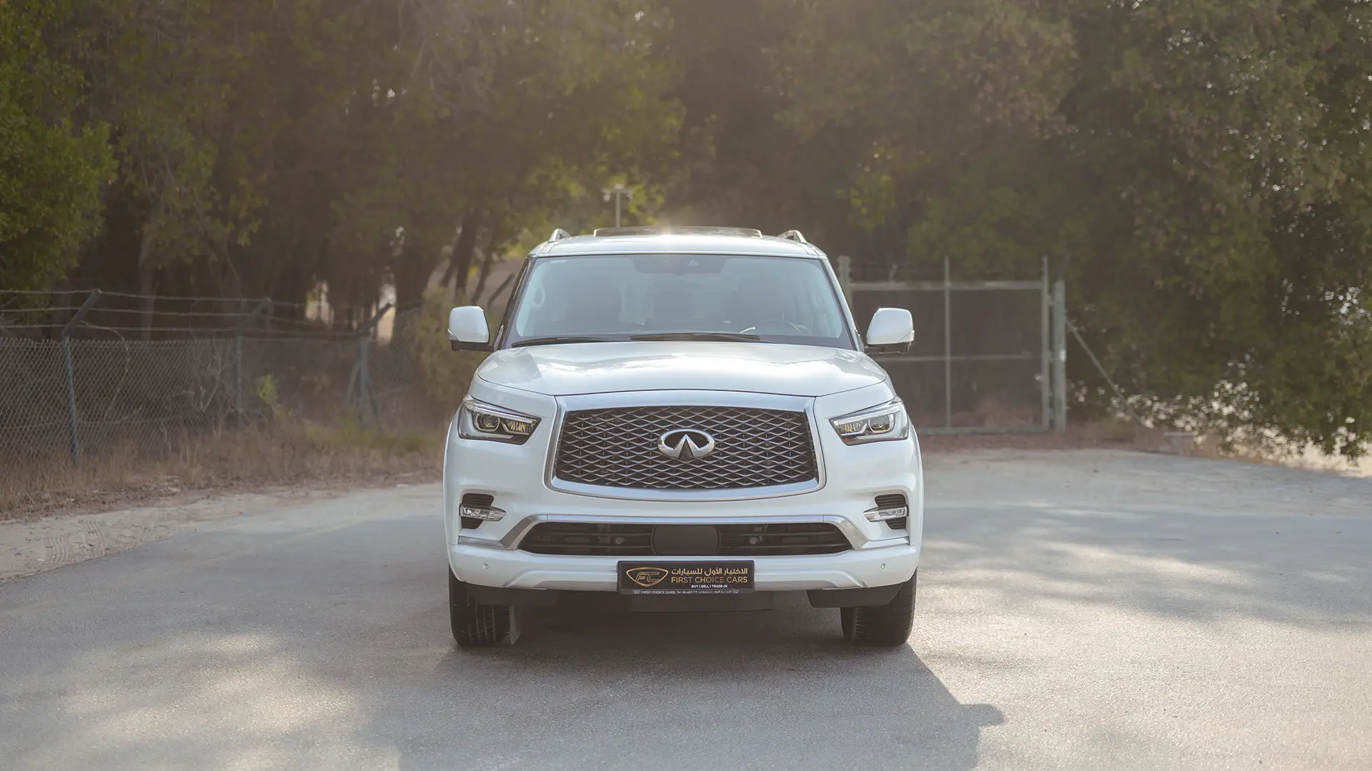 Used 2023 Infiniti QX80 Sensory in White – Front View for Sale at First Choice Cars Dubai Sharjah