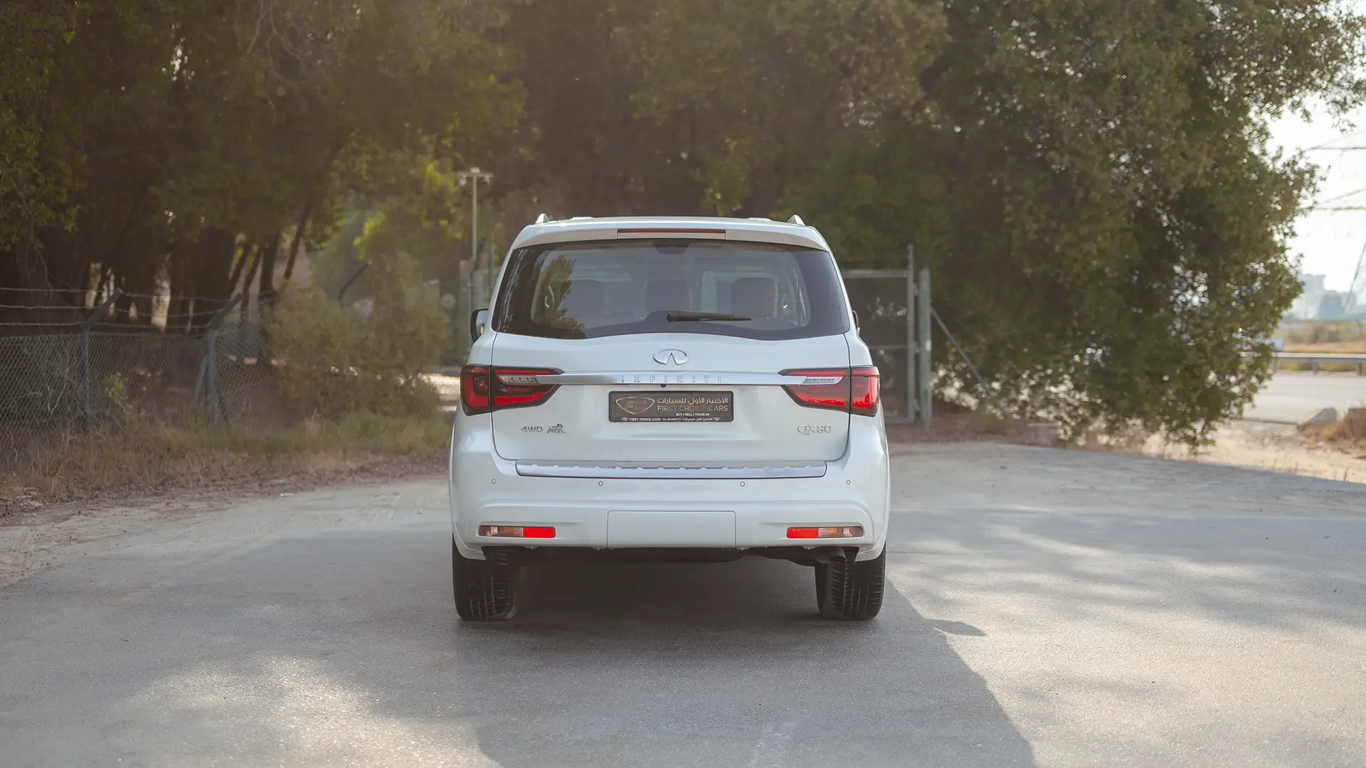 Used 2023 Infiniti QX80 Sensory in White – Back/Rear View for Sale at First Choice Cars Dubai Sharjah