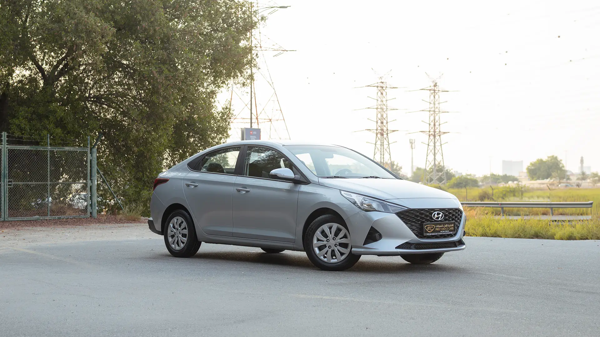 Used 2023 Hyundai Accent Smart in Silver – Right Front Diagonal (45°) View for Sale at First Choice Cars Dubai Sharjah