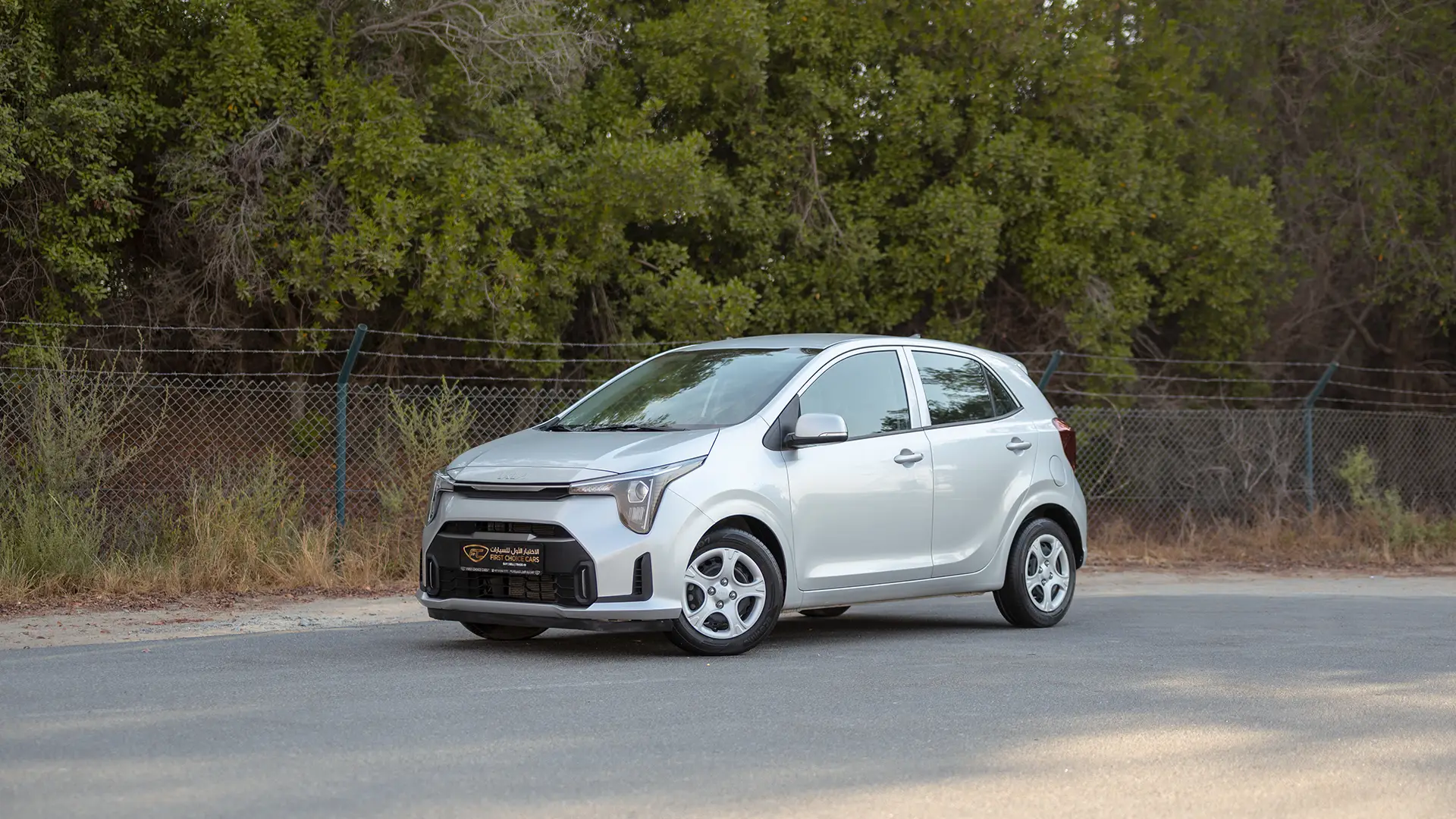 Used 2024 Kia Picanto LX in Silver – Left Front Diagonal (45°) View for Sale at First Choice Cars Dubai Sharjah