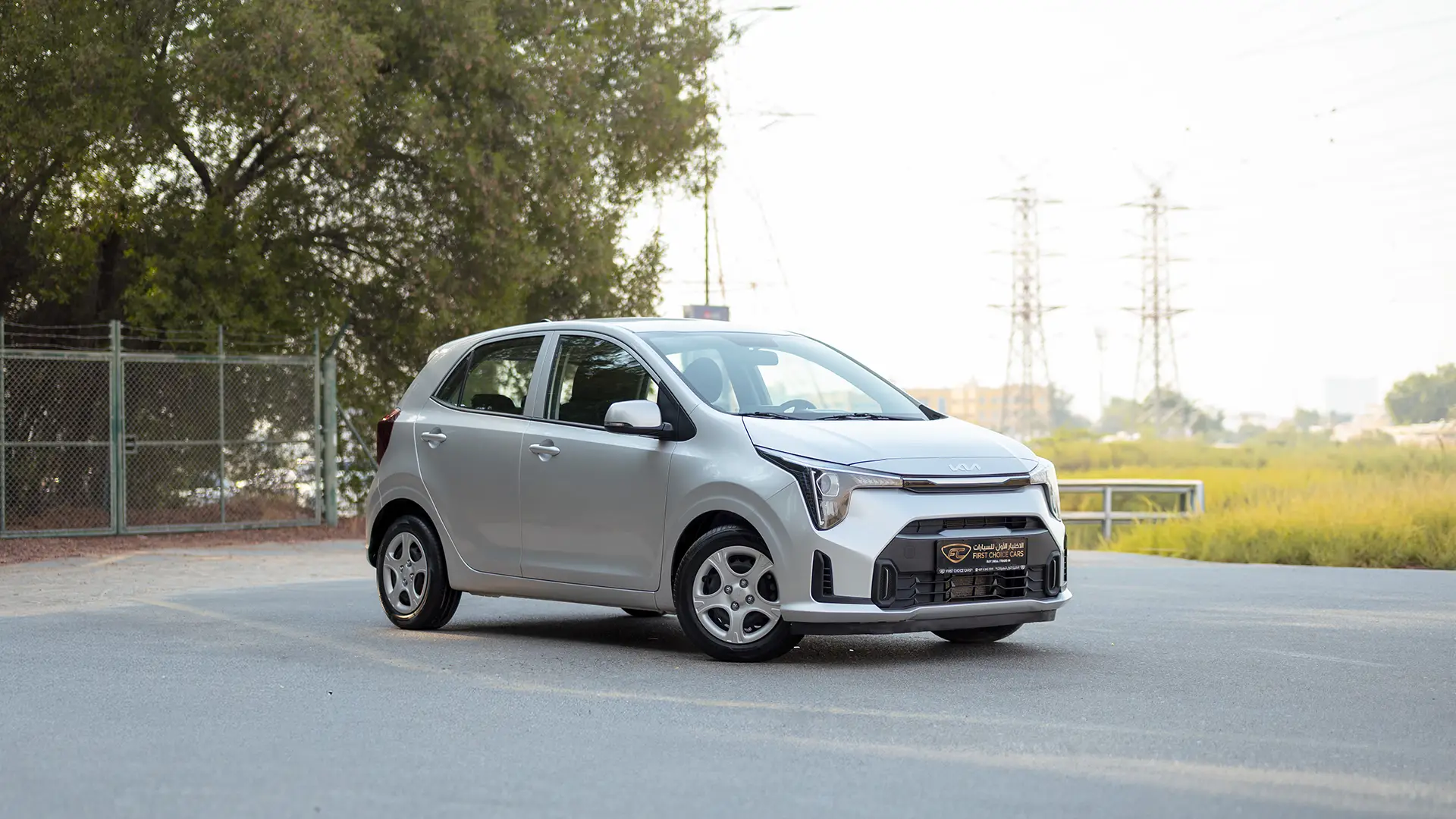 Used 2024 Kia Picanto LX in Silver – Right Front Diagonal (45°) View for Sale at First Choice Cars Dubai Sharjah