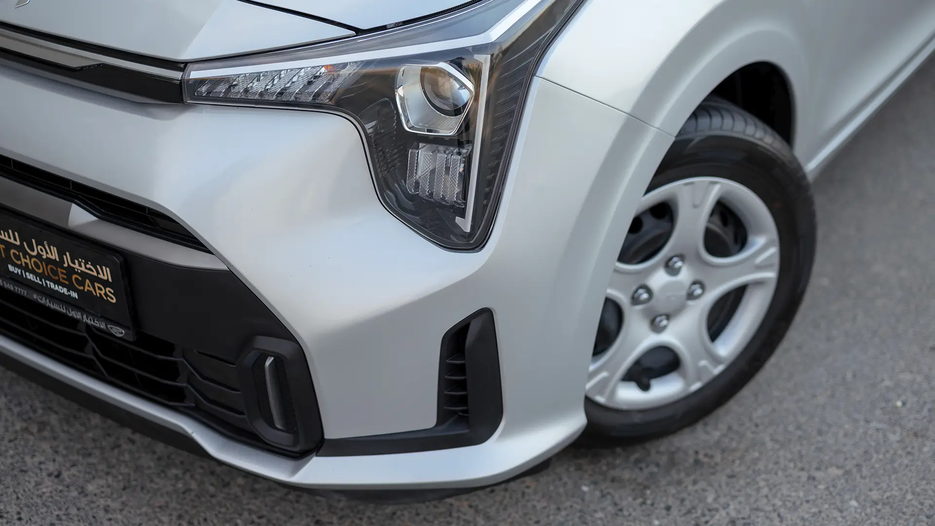 Used 2024 Kia Picanto LX in Silver – Headlight Close-up for Sale at First Choice Cars Dubai Sharjah