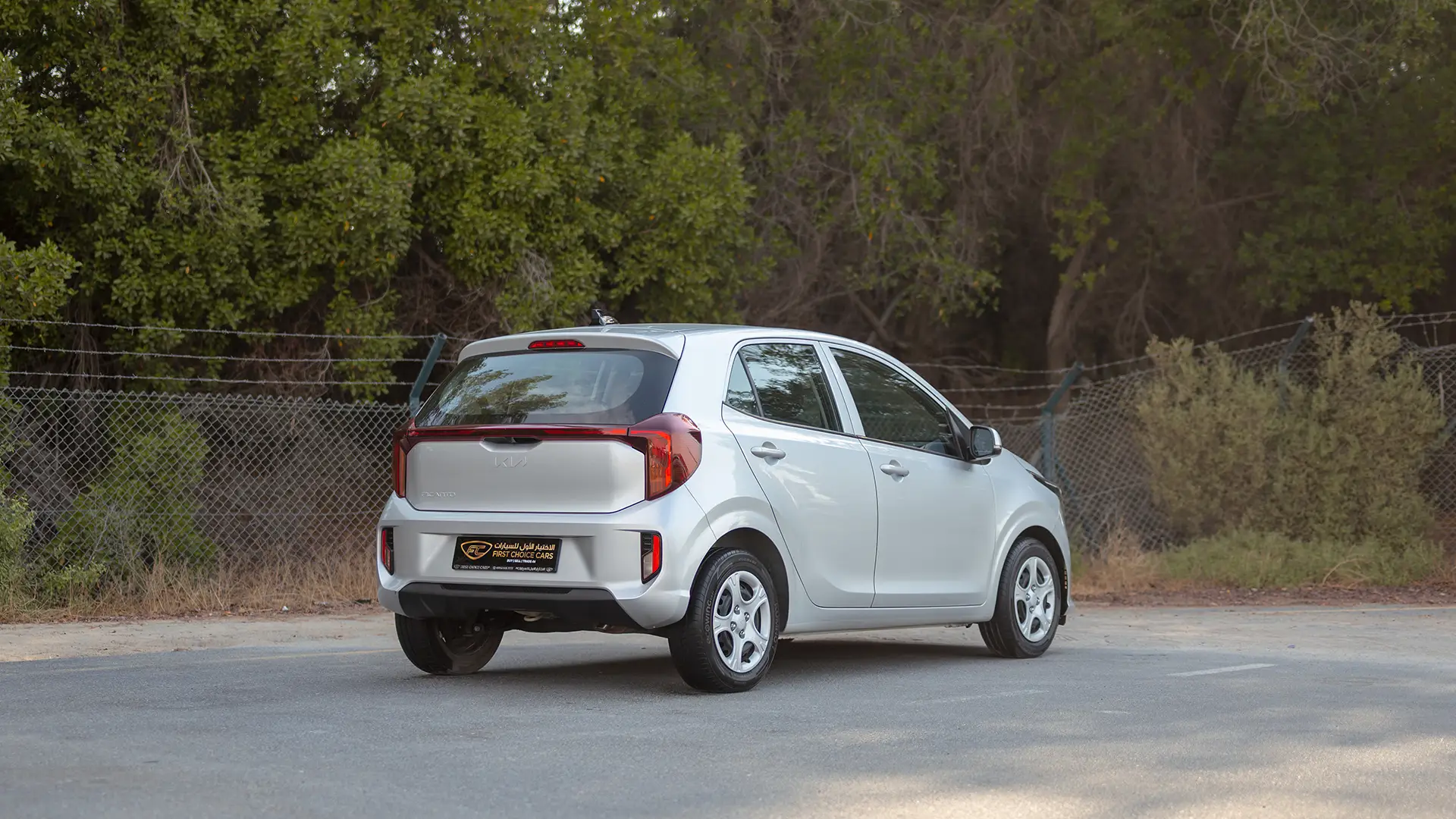 Used 2024 Kia Picanto LX in Silver – Right Back Diagonal (45°) View for Sale at First Choice Cars Dubai Sharjah