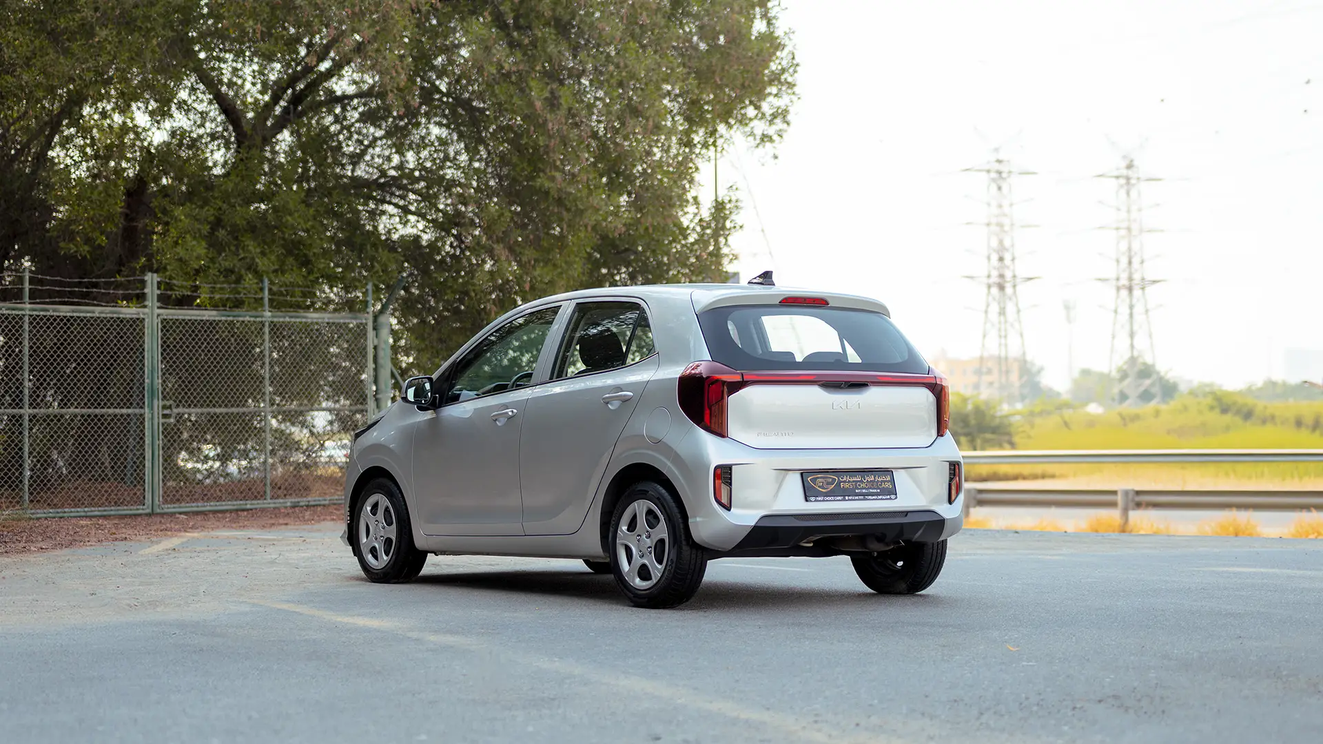 Used 2024 Kia Picanto LX in Silver – Left Back Diagonal (45°) View for Sale at First Choice Cars Dubai Sharjah