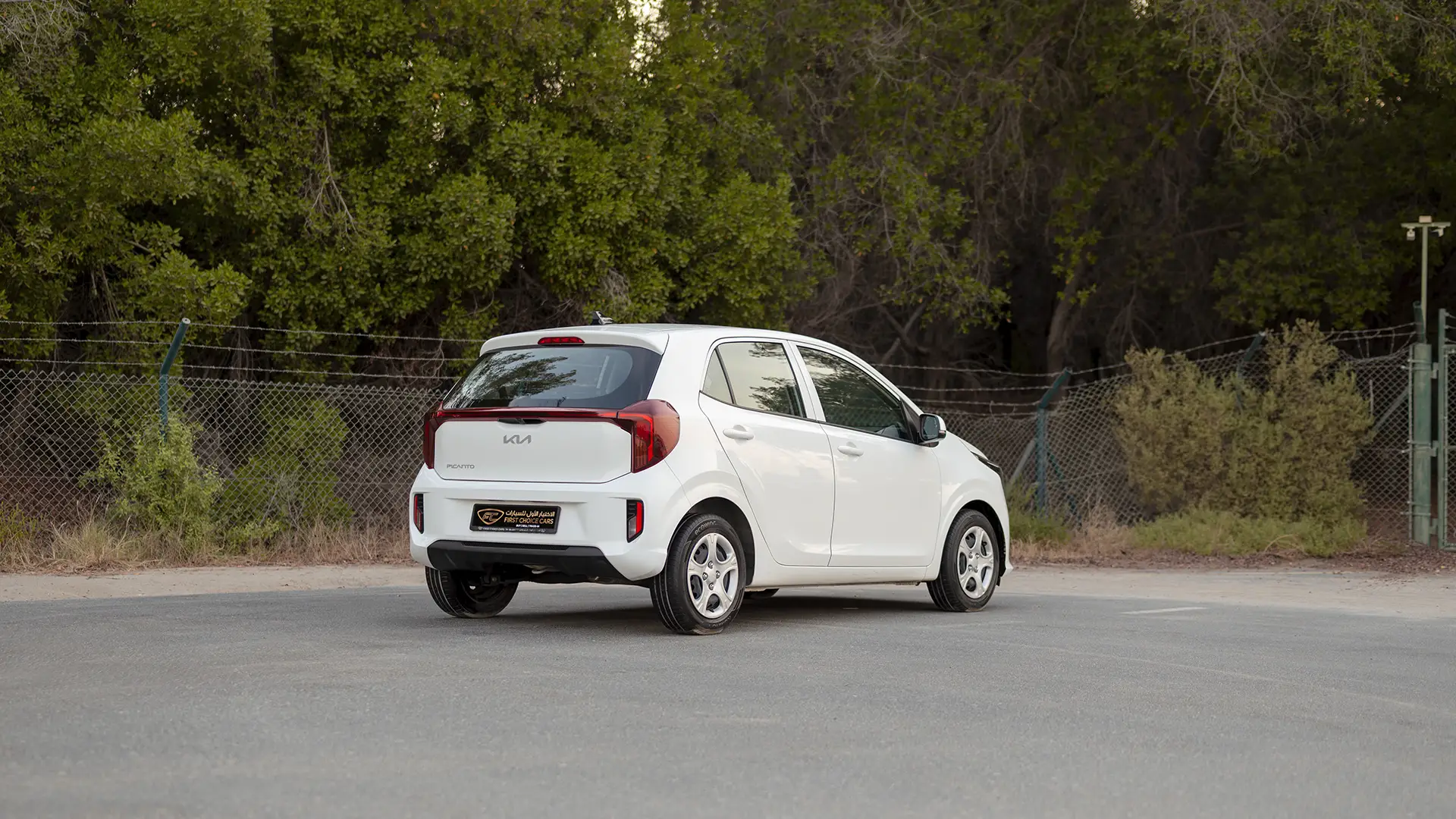 Used 2024 Kia Picanto LX in White – Right Back Diagonal (45°) View for Sale at First Choice Cars Dubai Sharjah